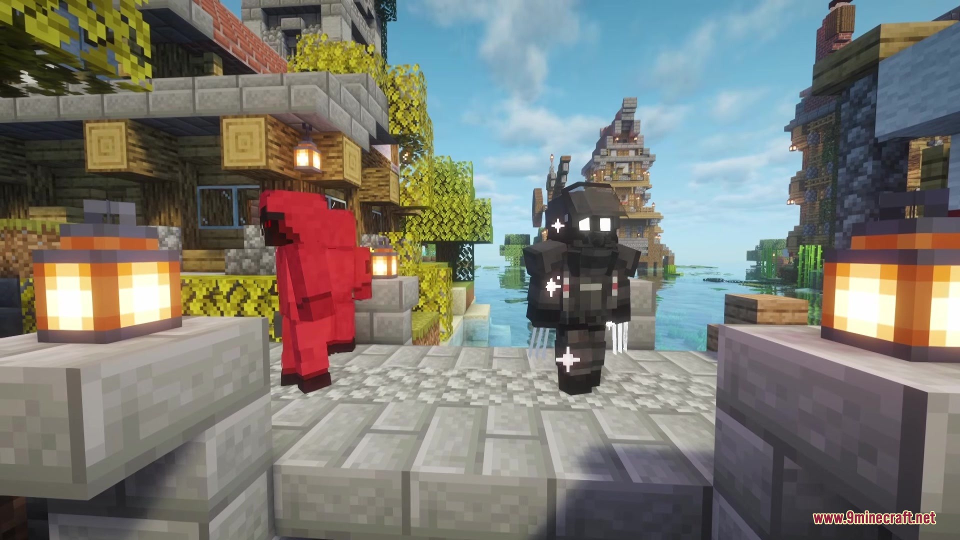 Mine Examination Mod Screenshot 1 Two unique characters stand on a stone bridge in a detailed village