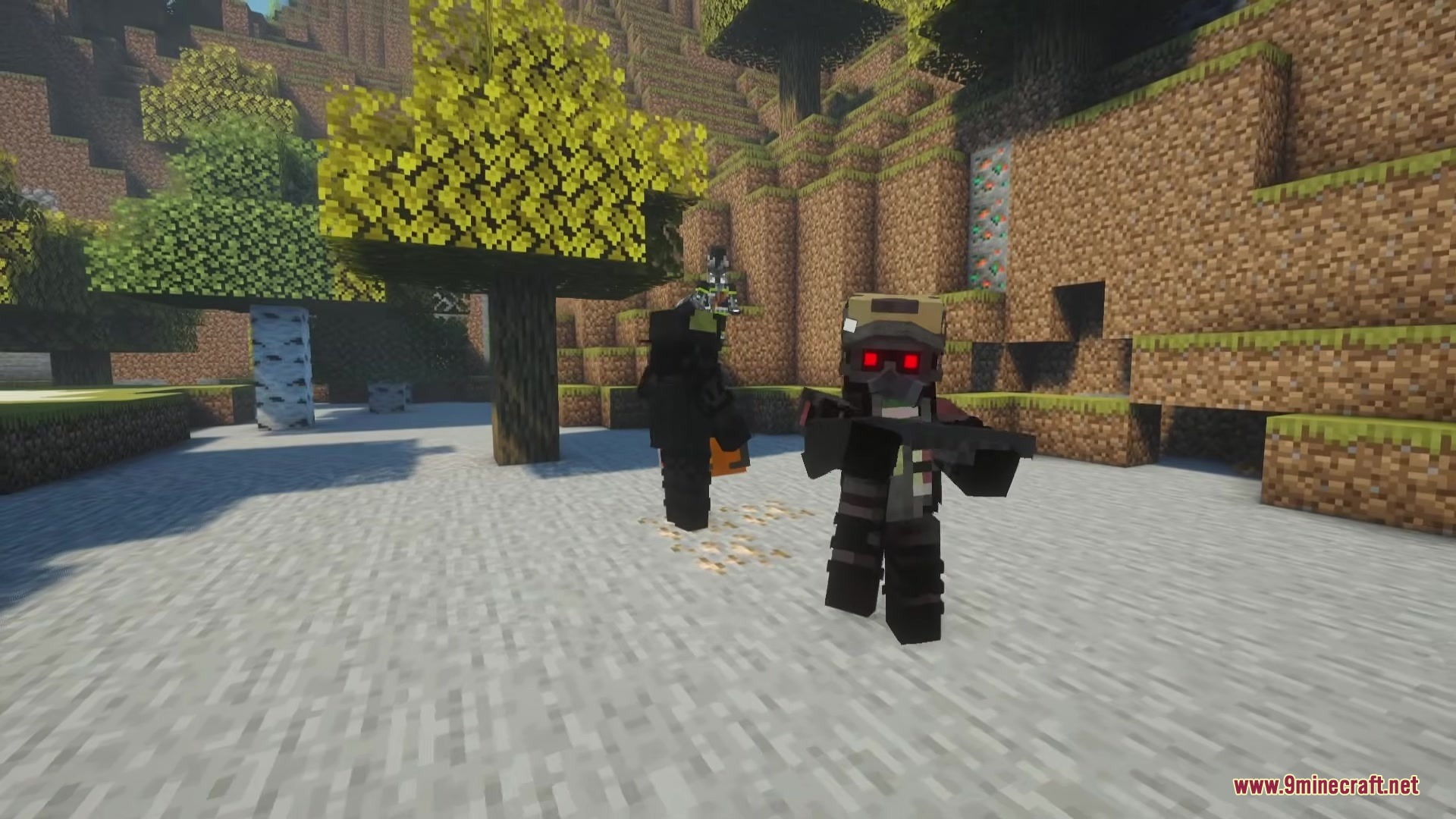Mine Examination Mod Screenshot 2 An armed soldier with glowing red eyes patrols a rocky forest area