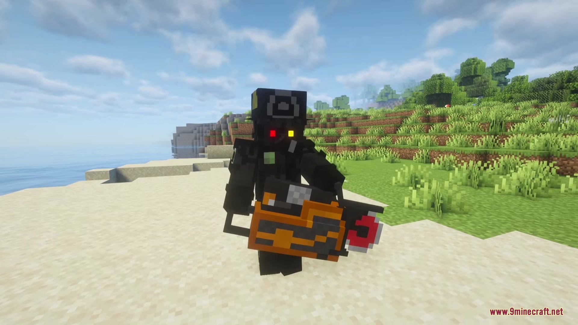 Mine Examination Mod Screenshot 4 A dark character with glowing eyes wielding a heavy mechanical weapon on sand