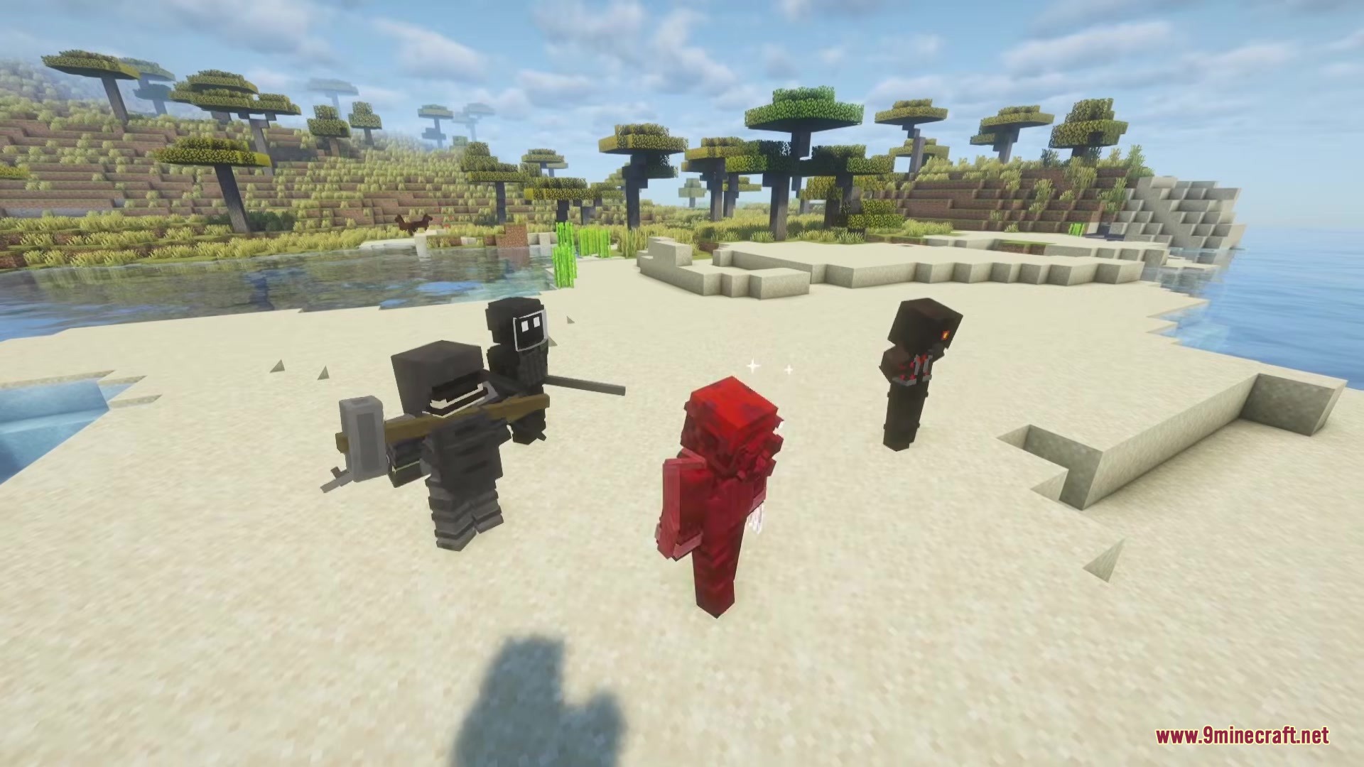 Mine Examination Mod Screenshot 5 Armed soldiers and a red monster stand on a sandy beach in Minecraft