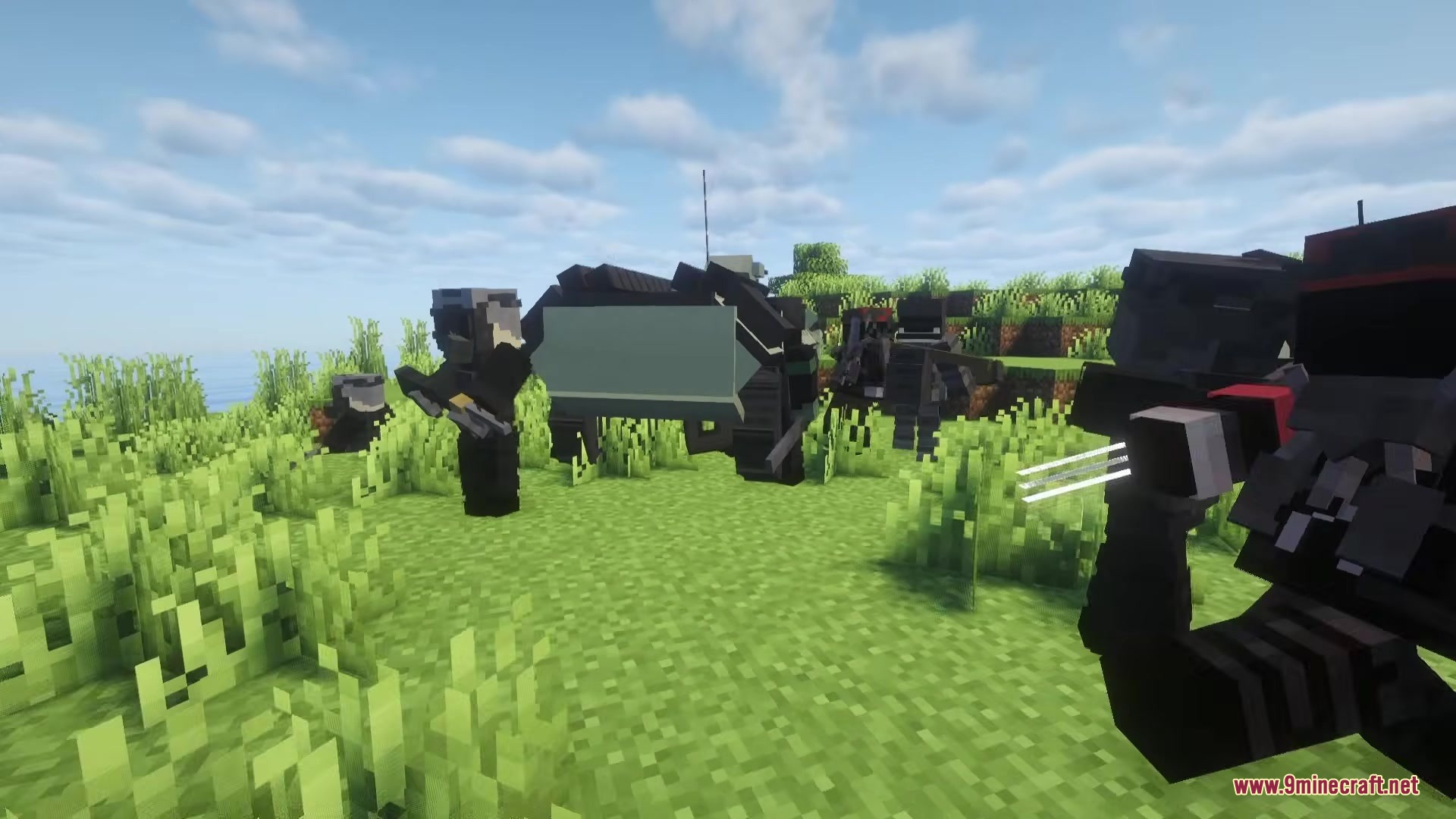 Mine Examination Mod Screenshot 8 Armed soldiers in dark tactical gear aiming weapons in a grassy Minecraft field