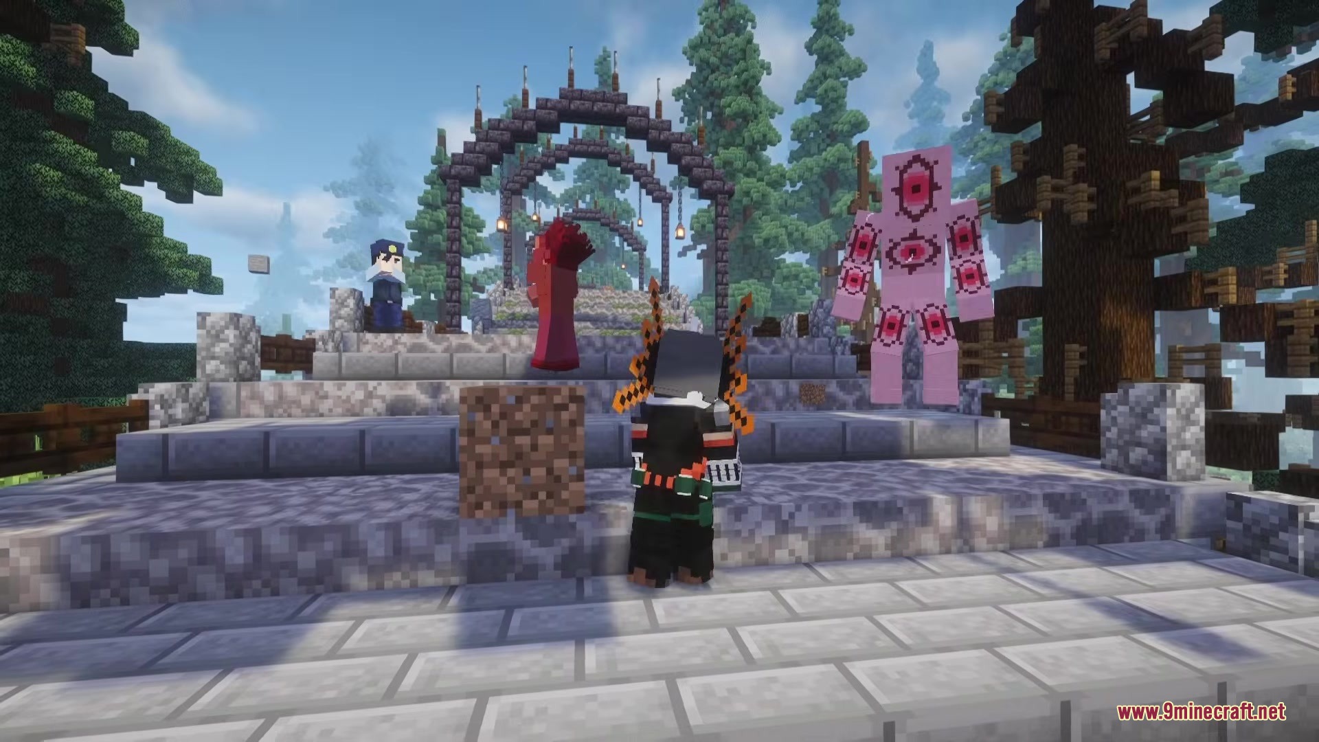 Mine Hero RX Mod Screenshot 1 Minecraft player stands near a pink creature and a police officer on stairs