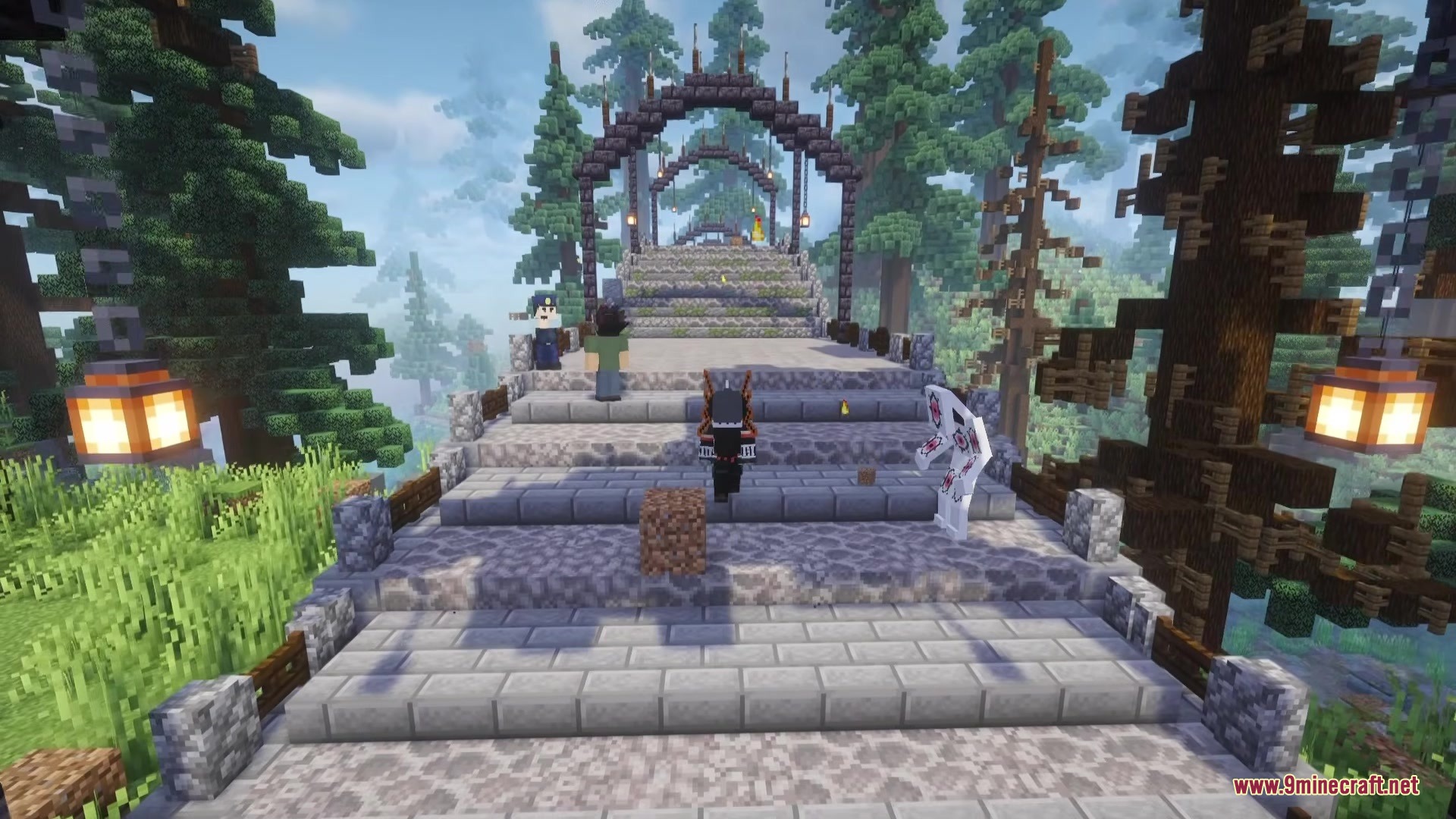 Mine Hero RX Mod Screenshot 2 Player walks up stone stairs toward arches in a lush forest biome
