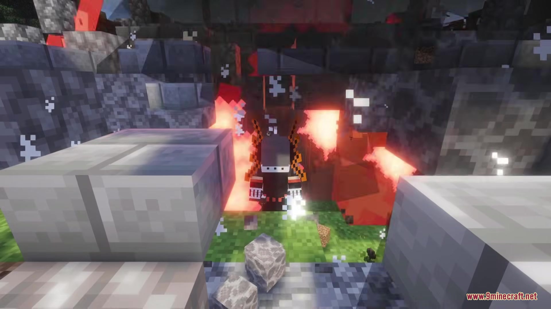 Mine Hero RX Mod Screenshot 3 Minecraft player using powerful fire abilities from the Mine Hero RX Mod