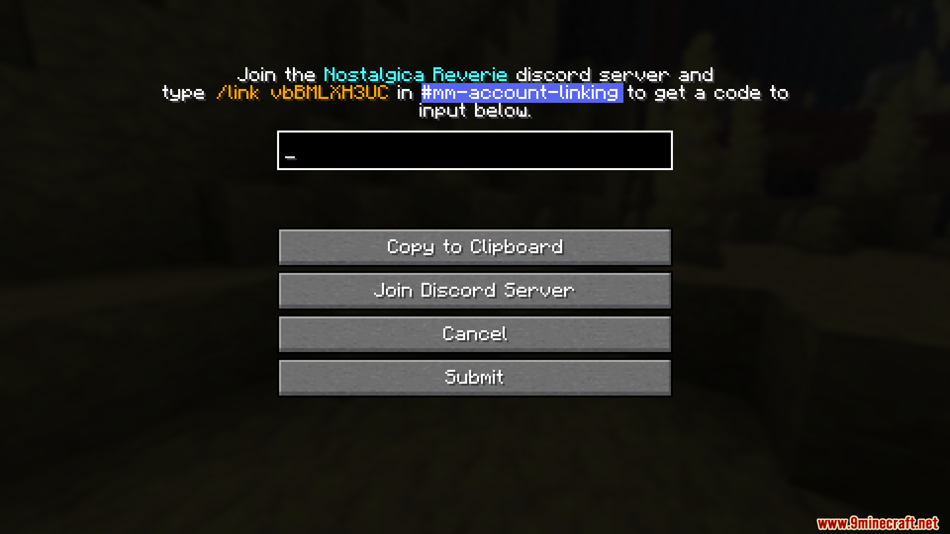 Mini Mega Mod Screenshot 2 A screen requiring players to input a code from the Discord server