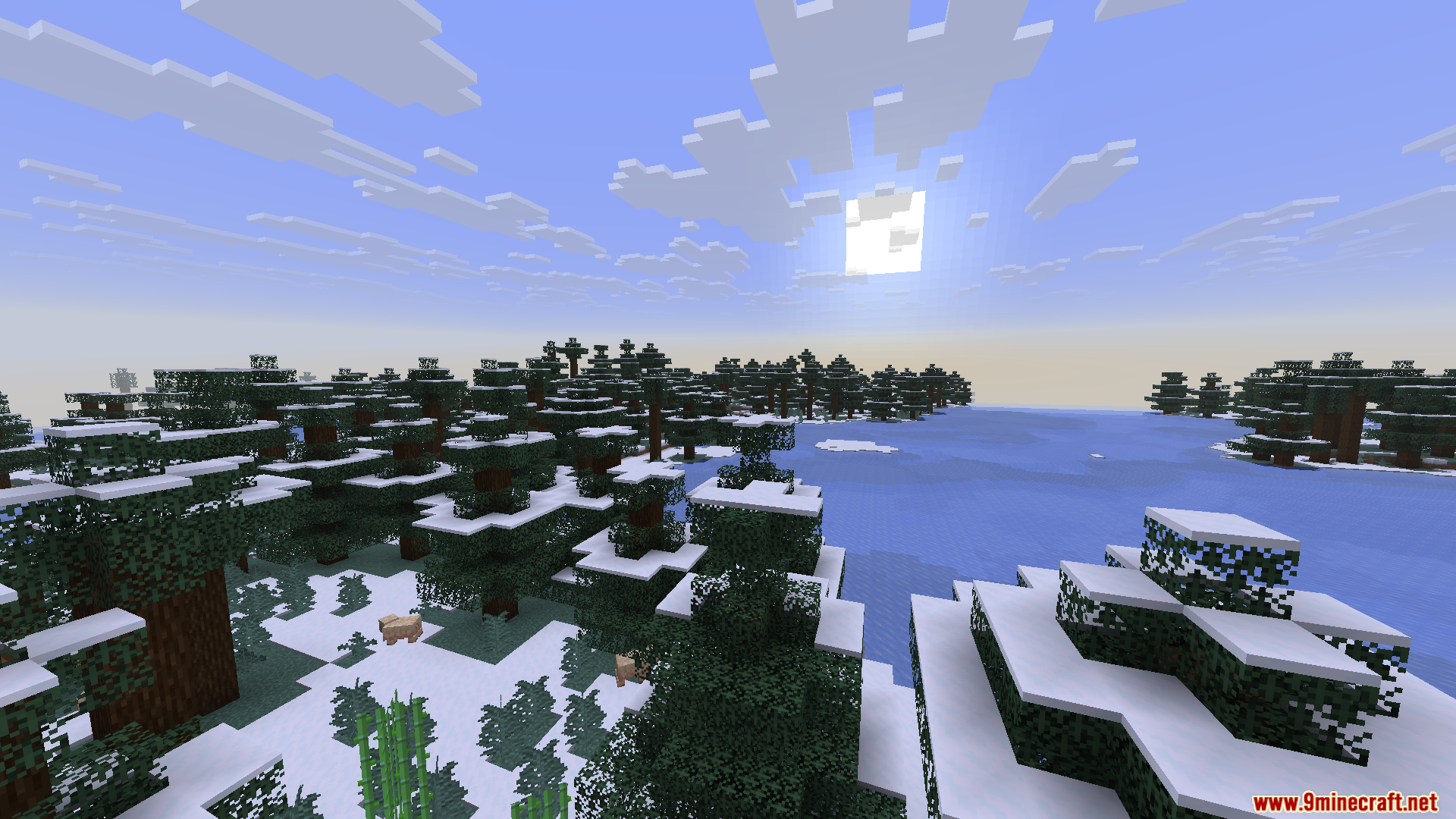 Mini Mega Mod Screenshot 5 Snowy taiga forest with spruce trees and a frozen lake under the sun