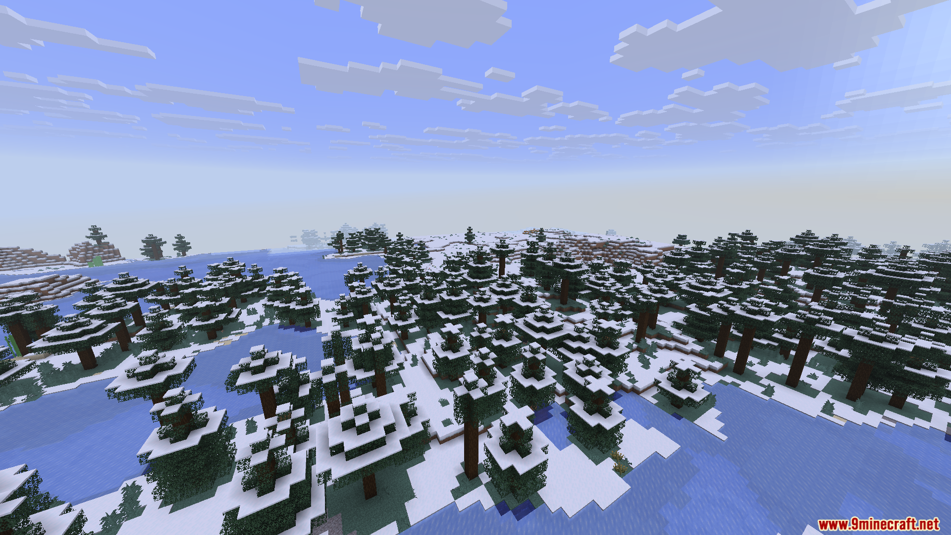 Mini Mega Mod Screenshot 7 A snowy spruce forest landscape in Minecraft with frozen water and clouds