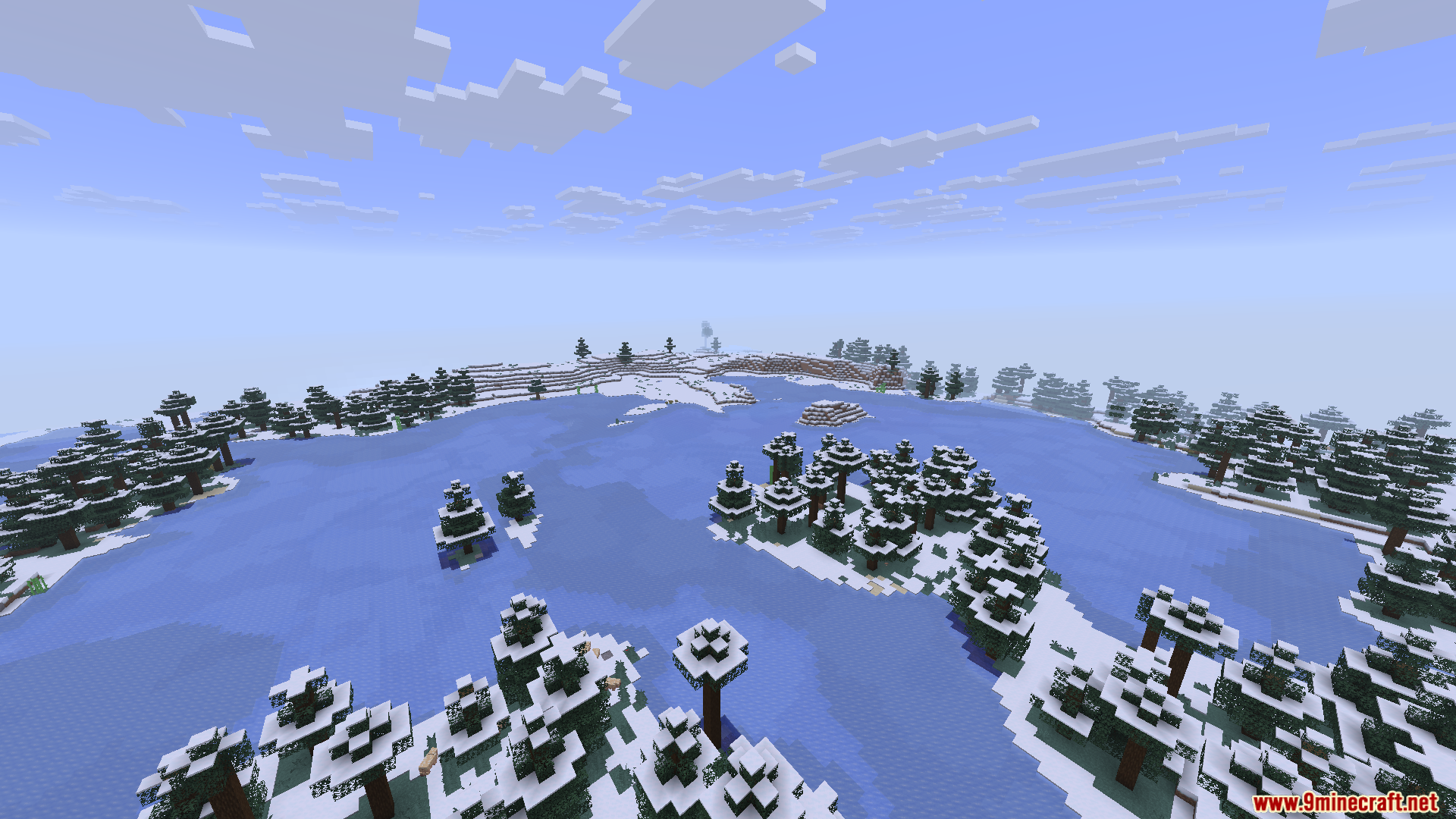 Mini Mega Mod Screenshot 8 A wide frozen lake in Minecraft surrounded by snow covered spruce trees