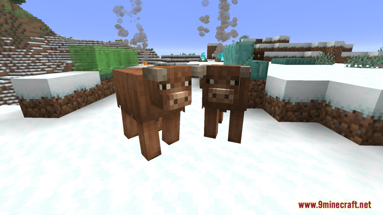 Mizuno's Cow Variants Resource Pack Screenshot 10 Two fluffy brown cows standing together in a snowy Minecraft winter biome