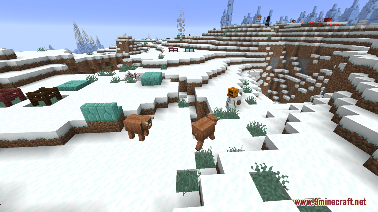 Mizuno's Cow Variants Resource Pack Screenshot 11 Two brown fluffy cows walking through a snowy landscape with a snow golem