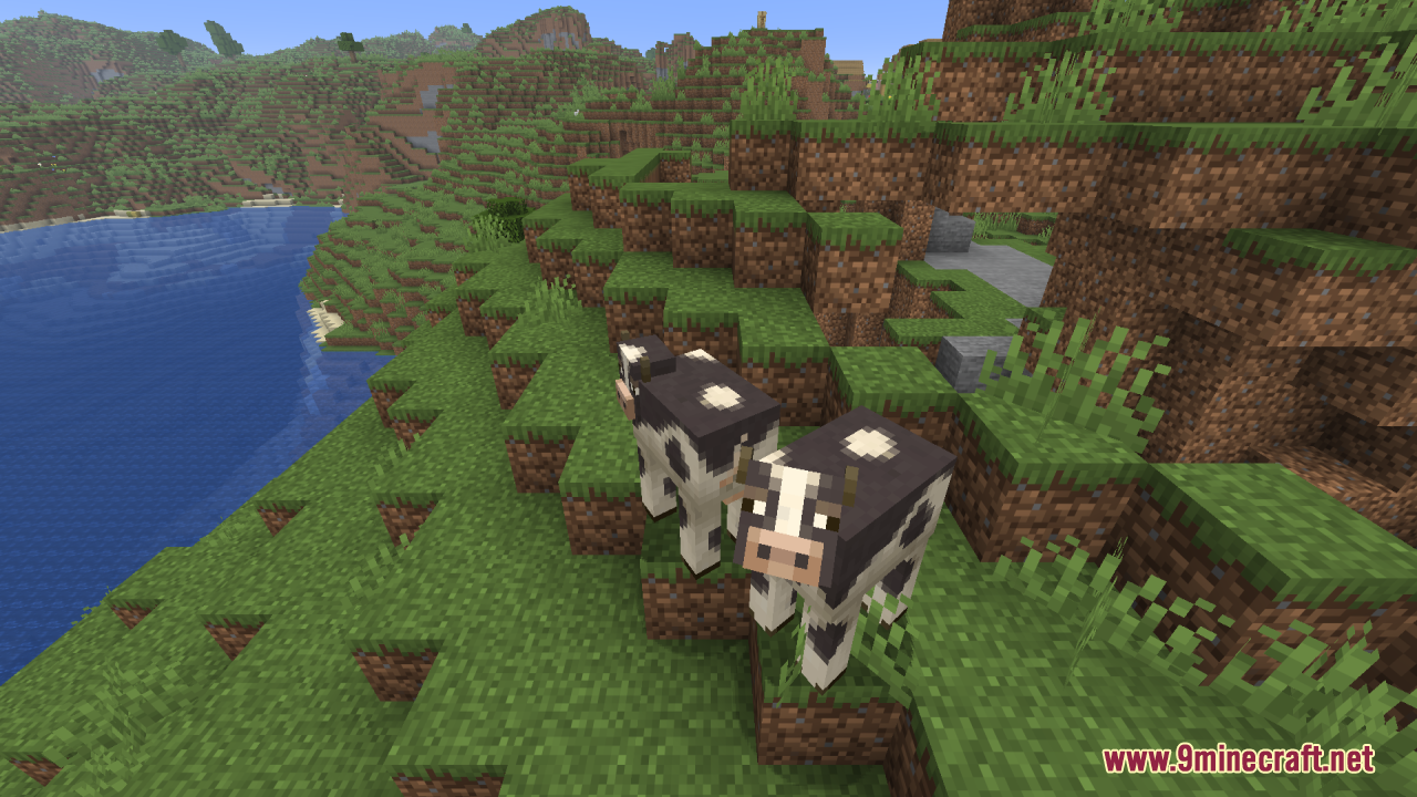 Mizuno's Cow Variants Resource Pack Screenshot 3 Two black and white cows standing on a grassy hill overlooking a lake