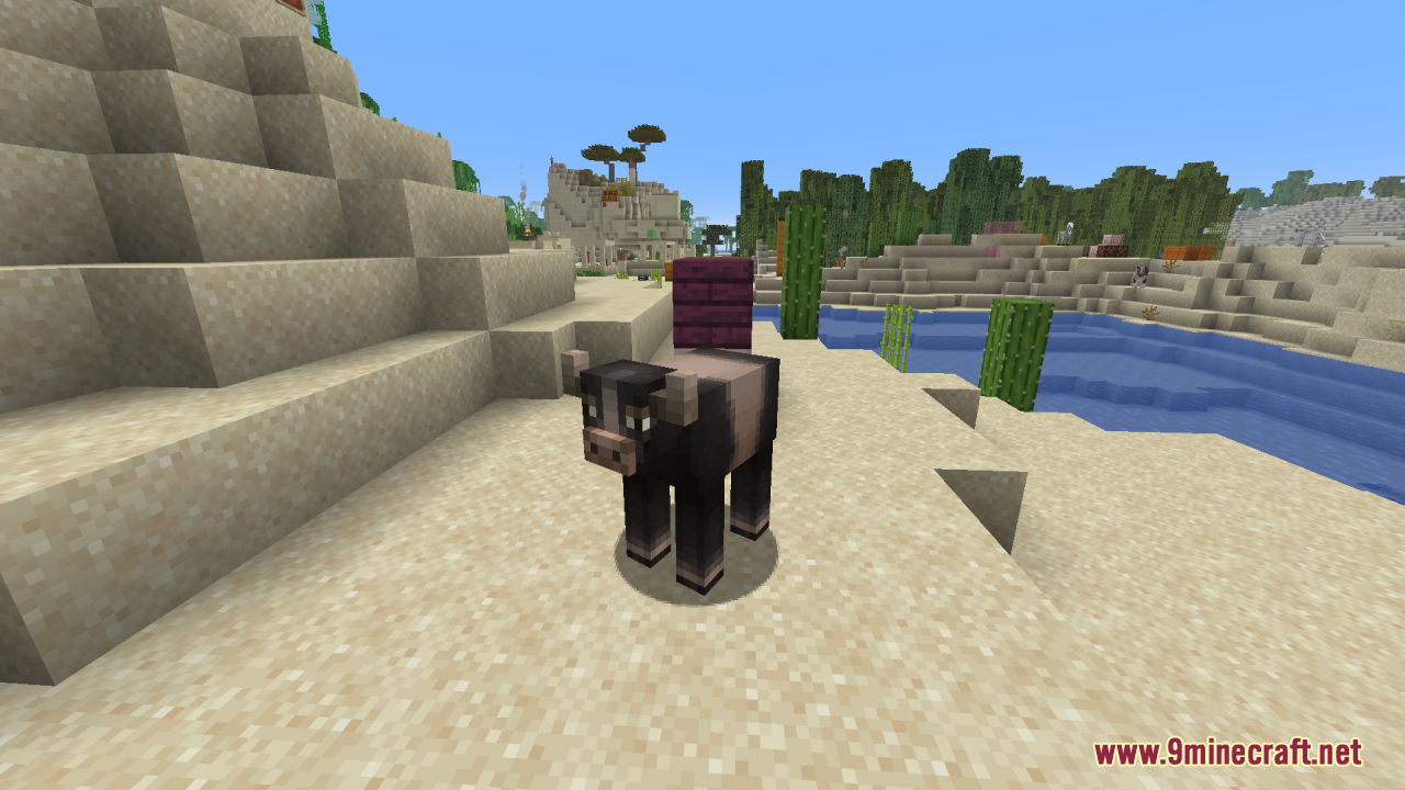 Mizuno's Cow Variants Resource Pack Screenshot 5 A dark cow variant with a tan stripe standing on the sand