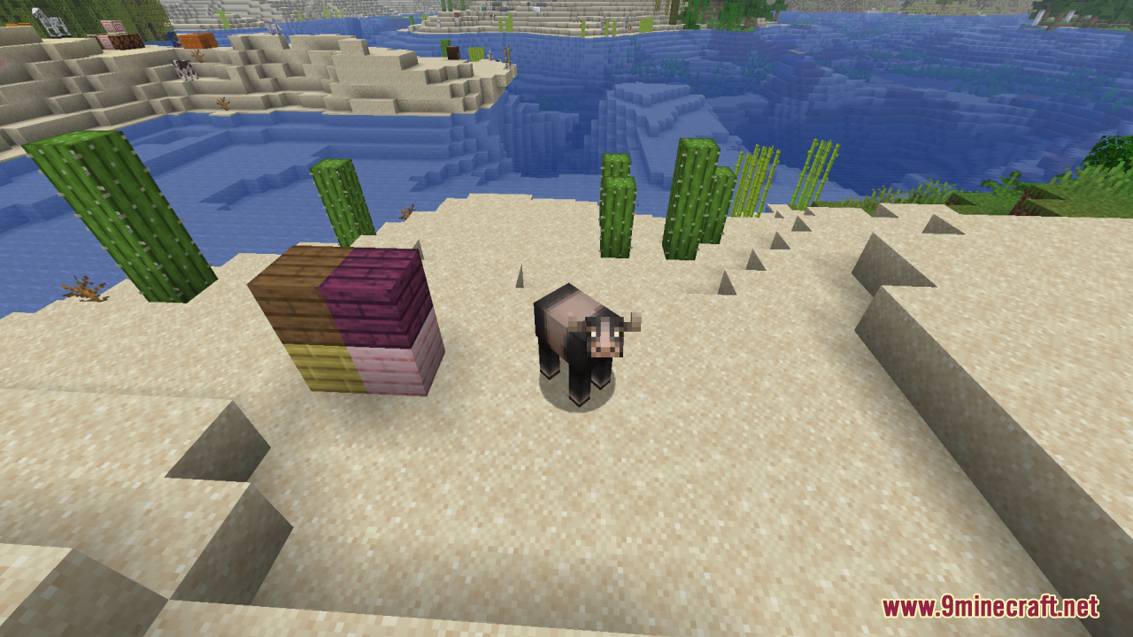 Mizuno's Cow Variants Resource Pack Screenshot 6 Dark cow variant standing on sand near cacti and colorful wooden blocks