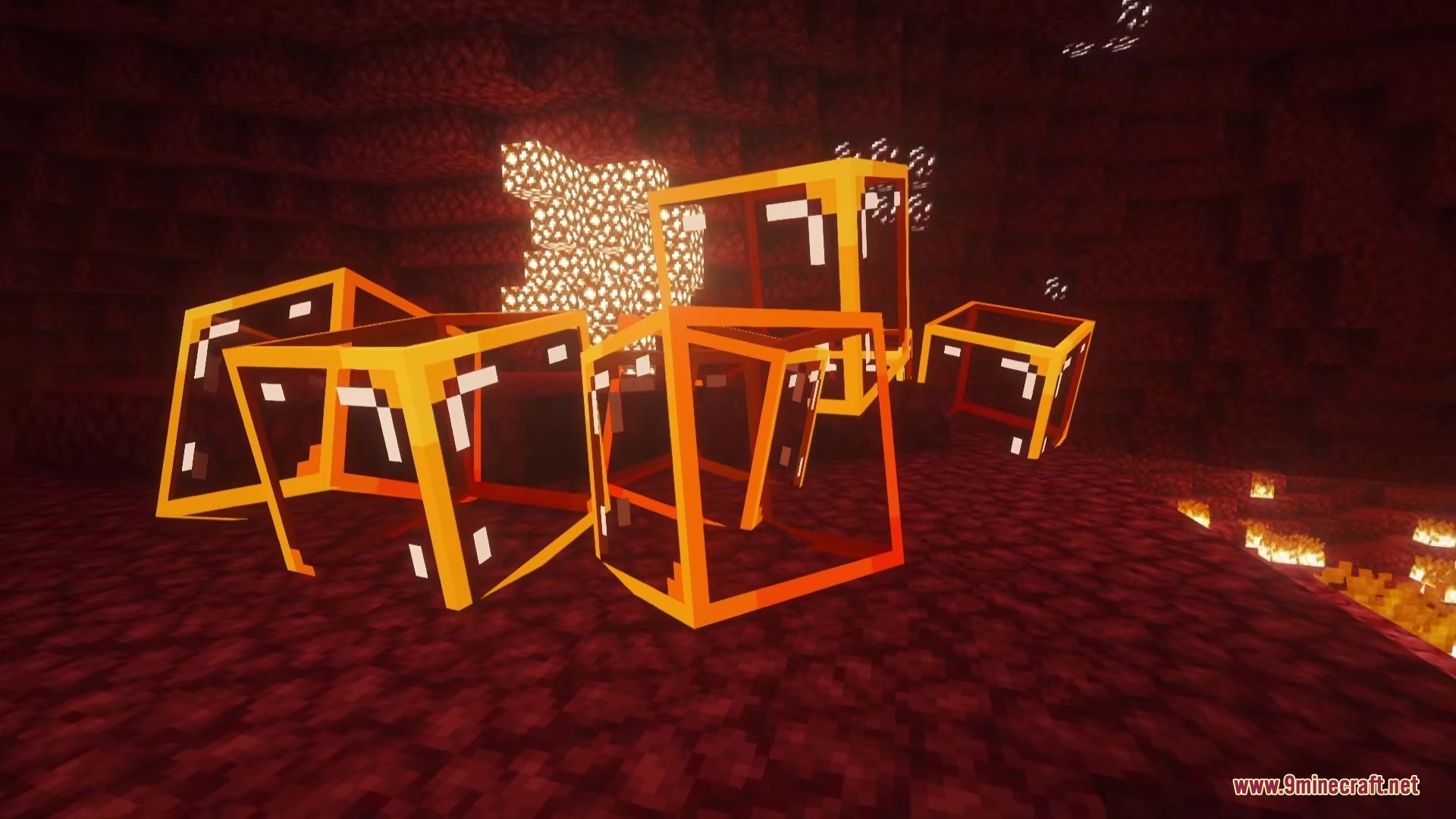 Mo' Bubbles Mod Screenshot 2 Floating orange bubbles drift through the Nether near glowstone and red blocks