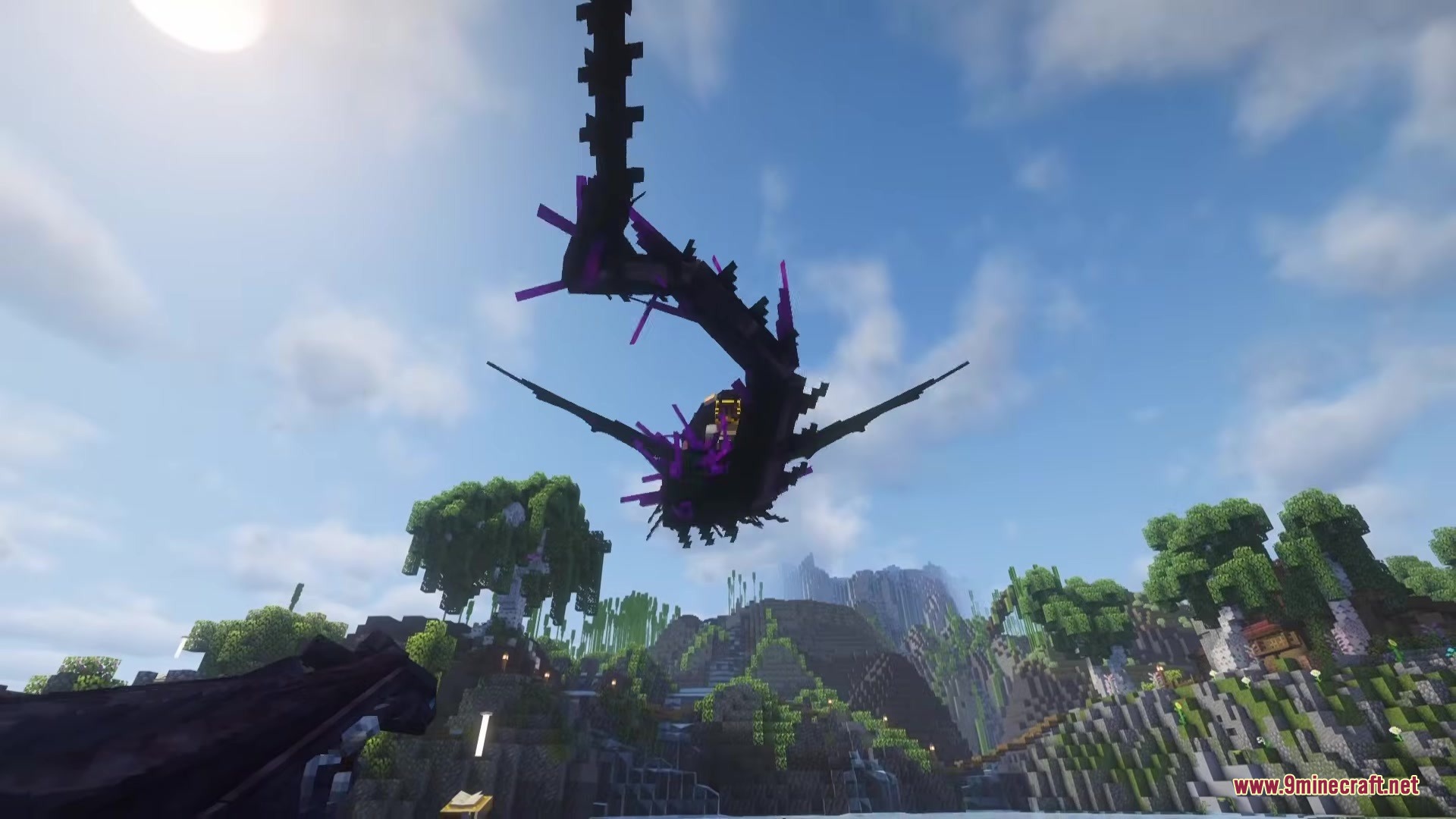 Mo'Bosses Mod Screenshot 1 A giant black dragon with purple spikes soaring through the bright sky
