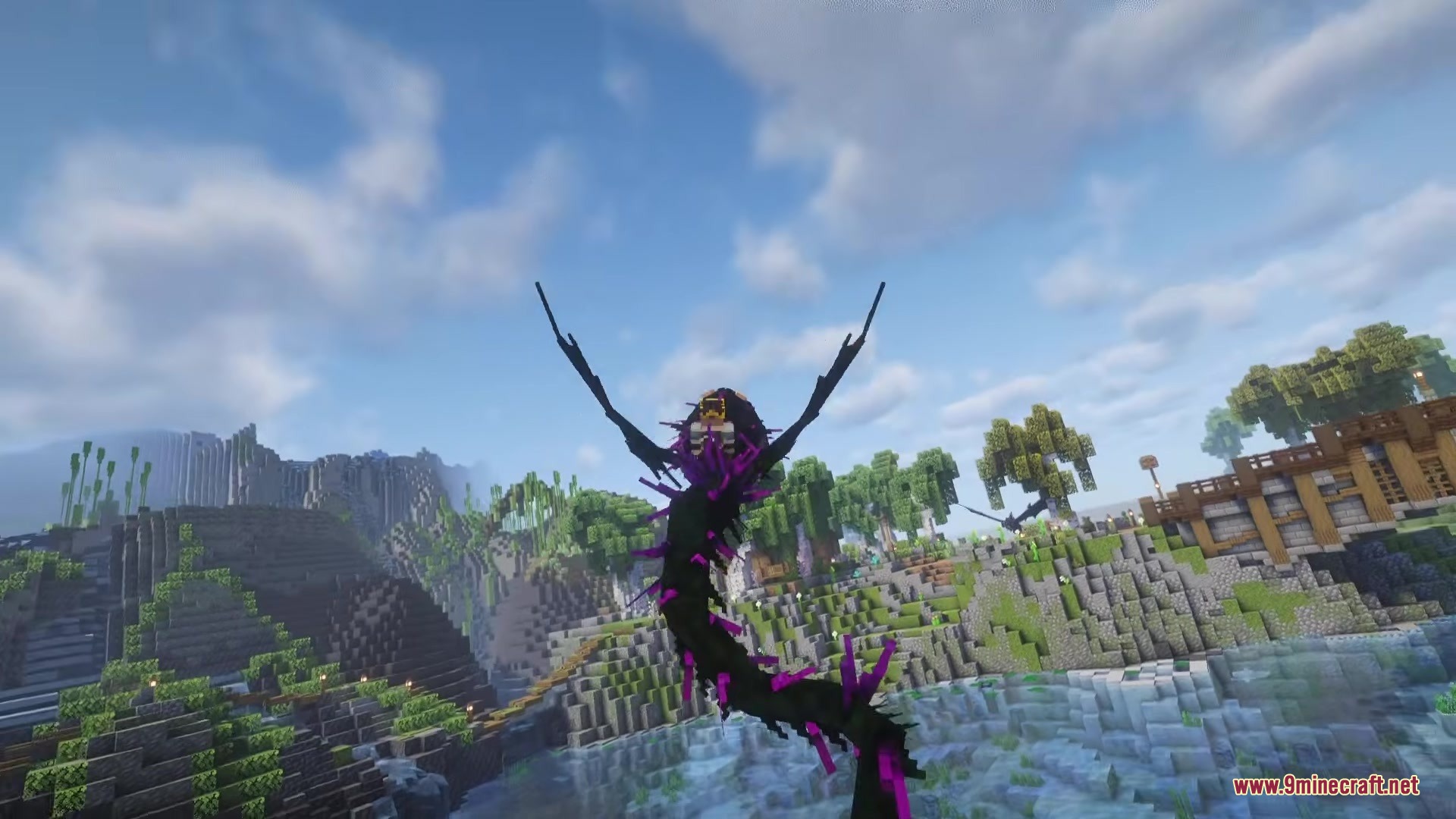 Mo'Bosses Mod Screenshot 2 The Divine Dragon spreads its wings while flying above a scenic landscape