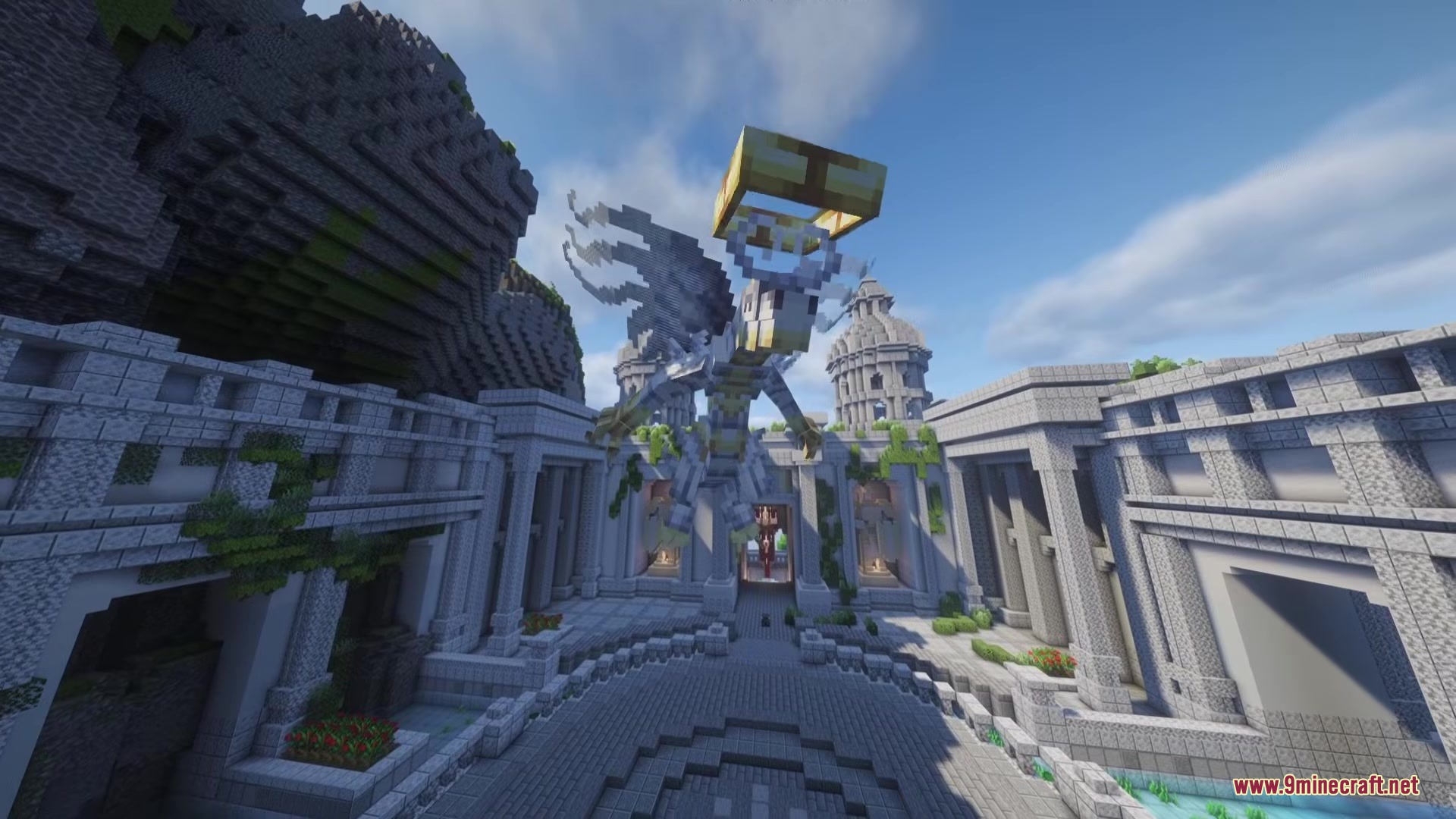 Mo'Bosses Mod Screenshot 5 The Divine Dragon hovers over a grand stone courtyard with classical pillars