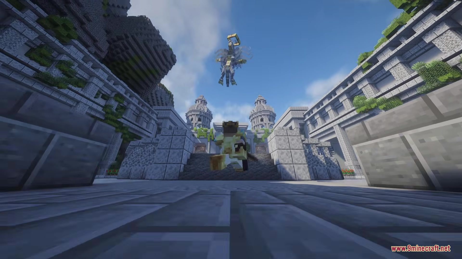 Mo'Bosses Mod Screenshot 6 A player looks up at the Divine Dragon flying above a stone temple