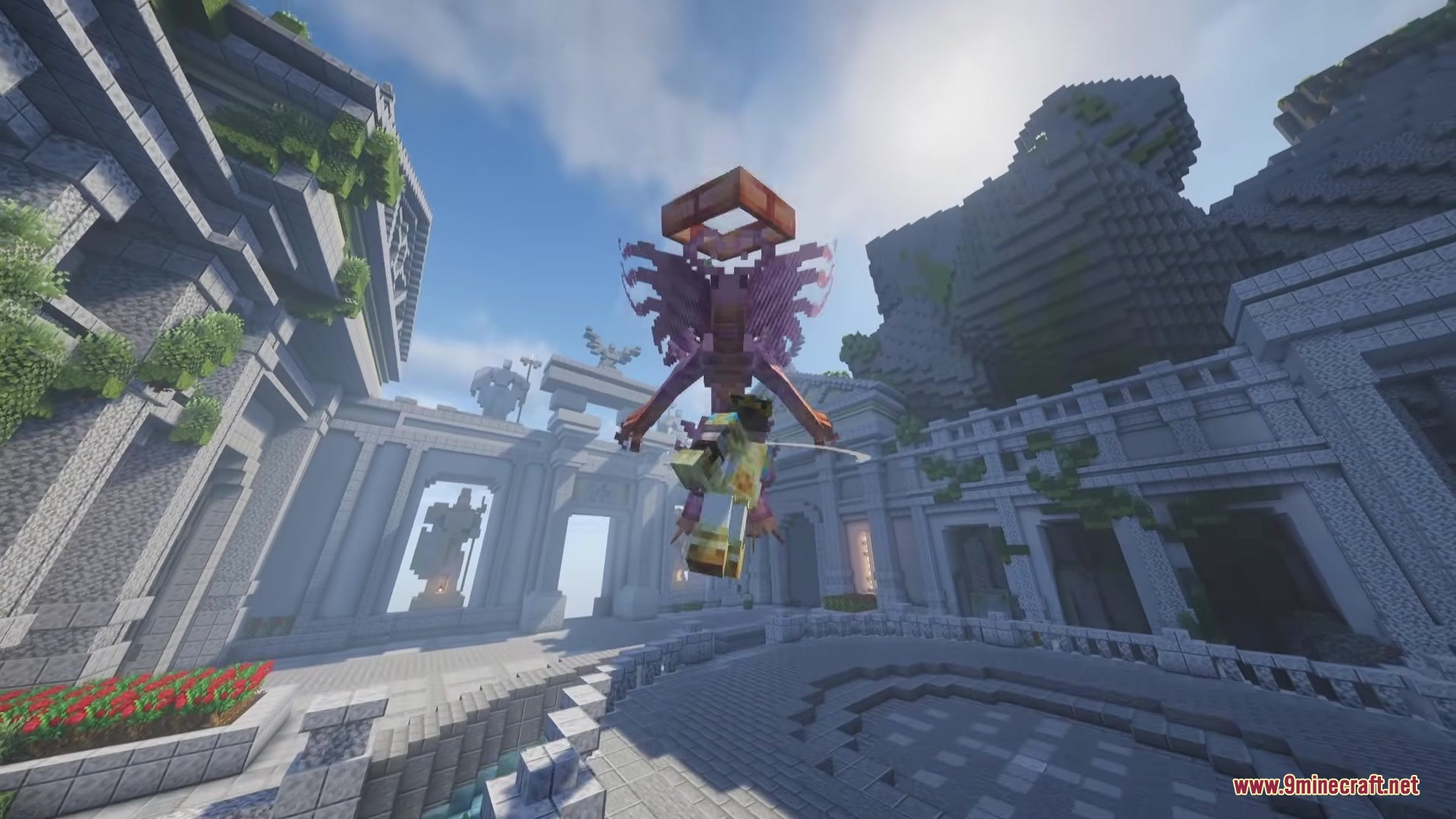 Mo'Bosses Mod Screenshot 8 The Divine Dragon boss glows purple while attacking a player in the sky