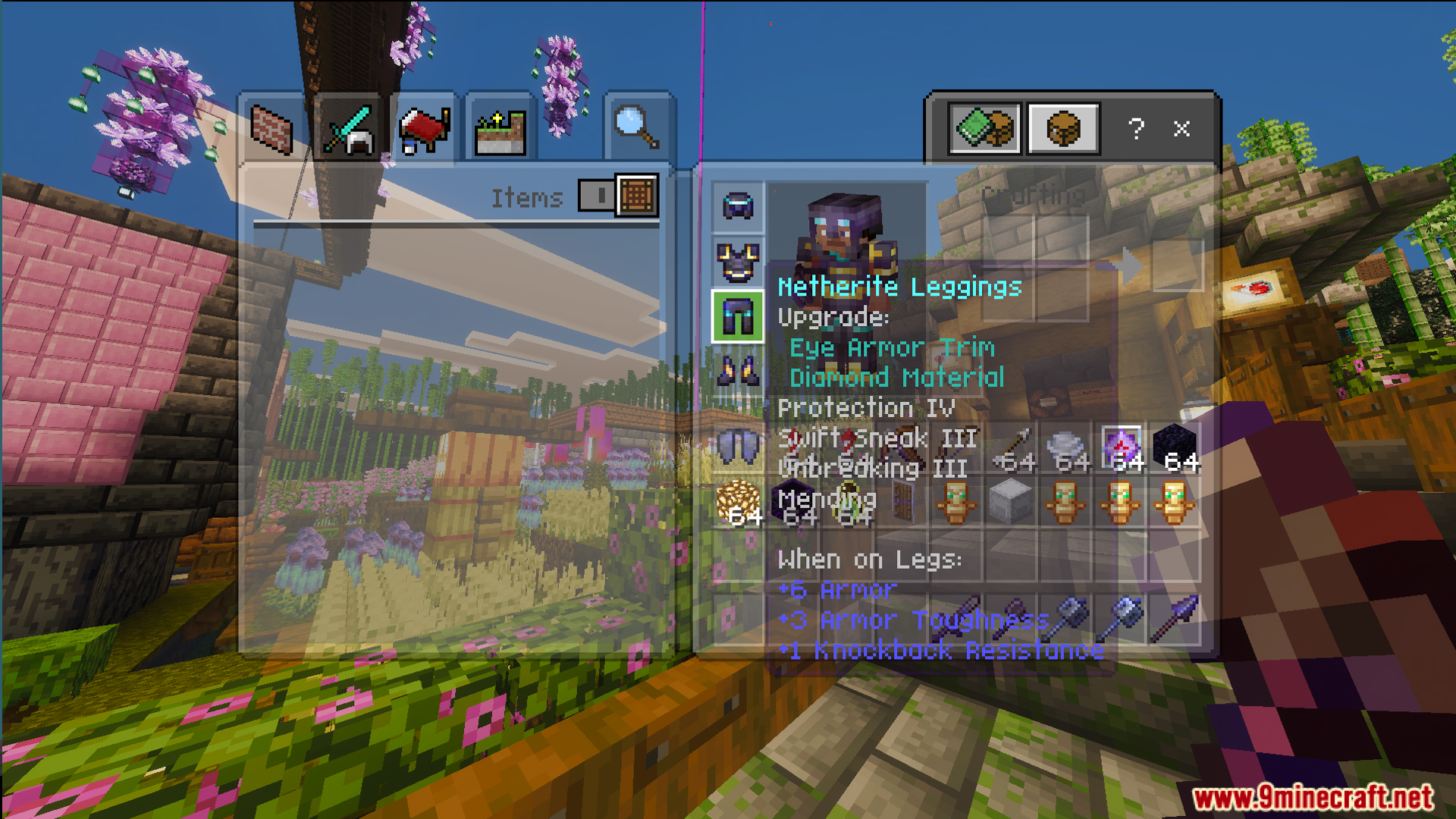 Inventory screen showing enchanted netherite leggings with eye armor trim and totems
