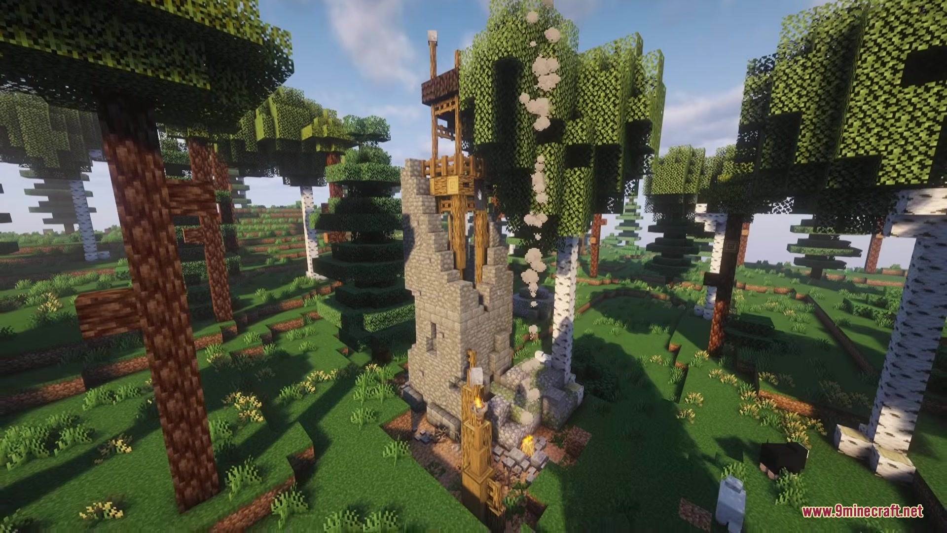 A ruined stone tower stands among birch trees in a forest