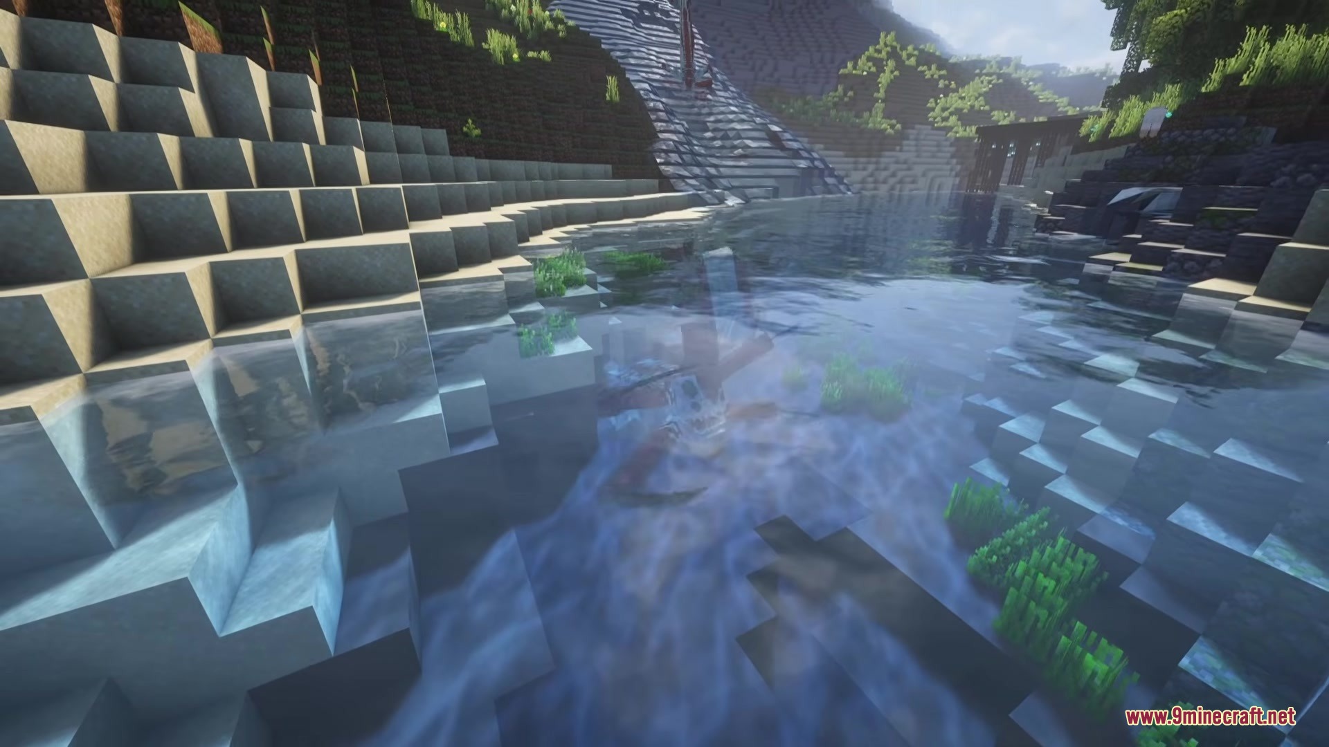 The Seamoth vehicle is submerged in clear water near the shore