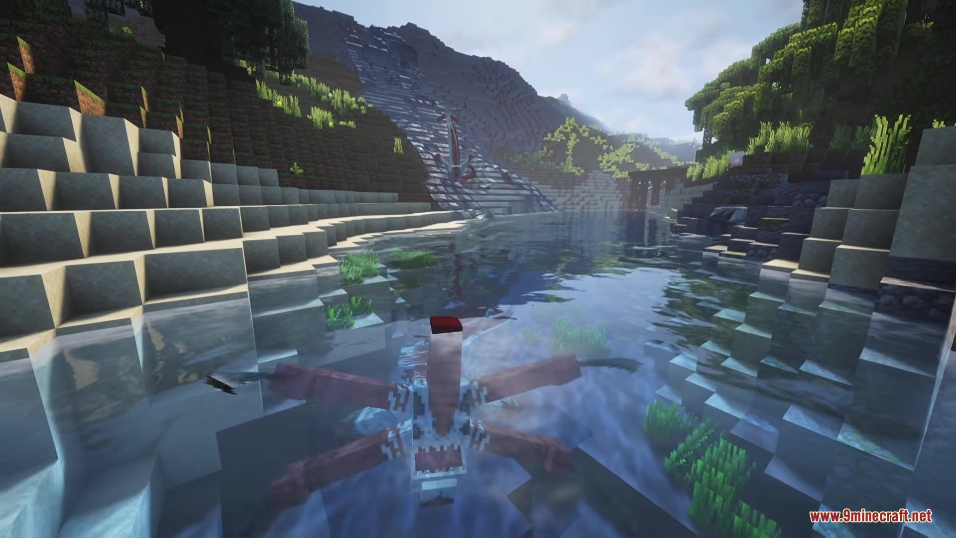A giant Reaper Leviathan swimming through a clear river in a Minecraft world