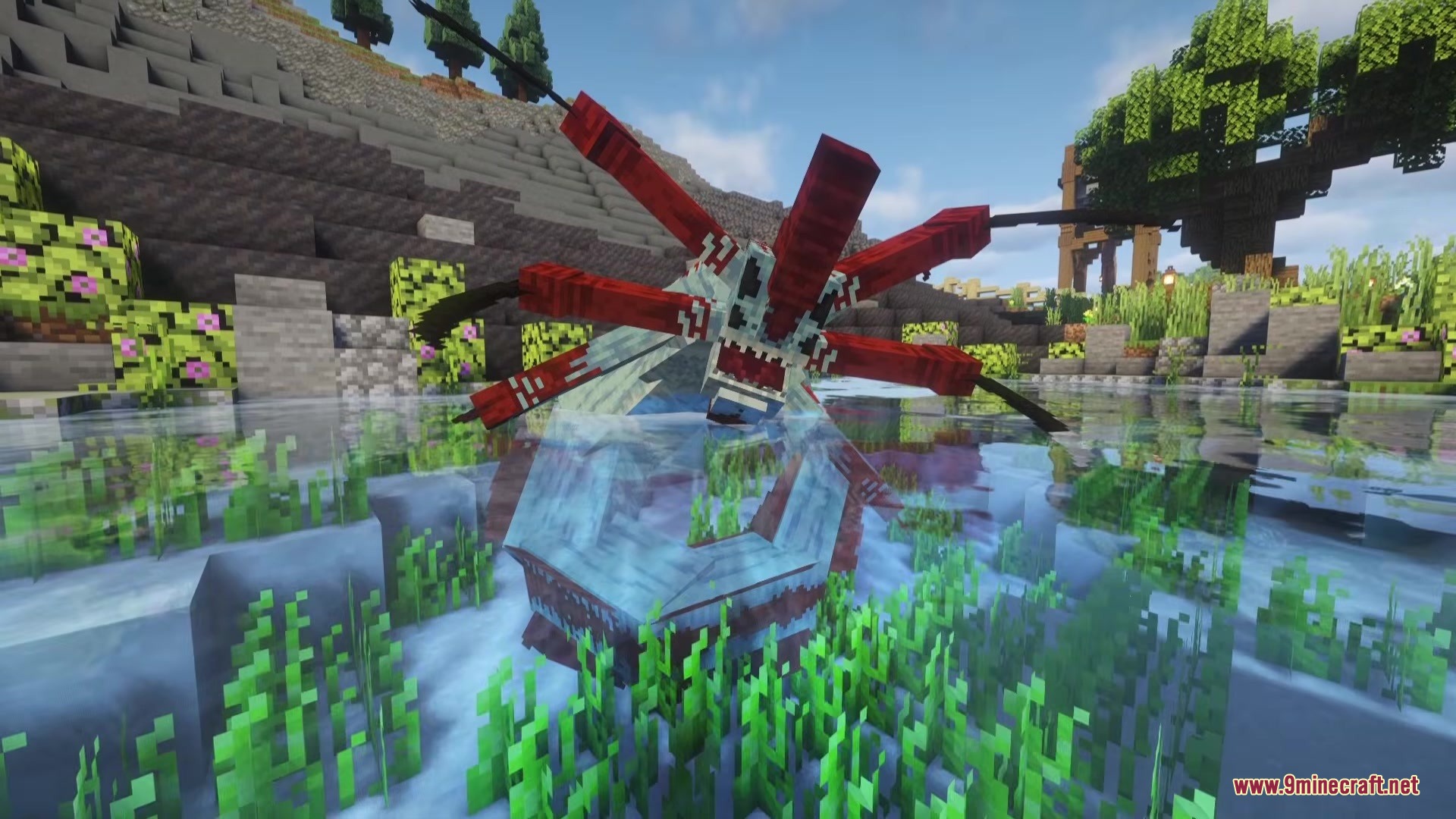 The scary sea monster emerges from the water near a grassy riverbank
