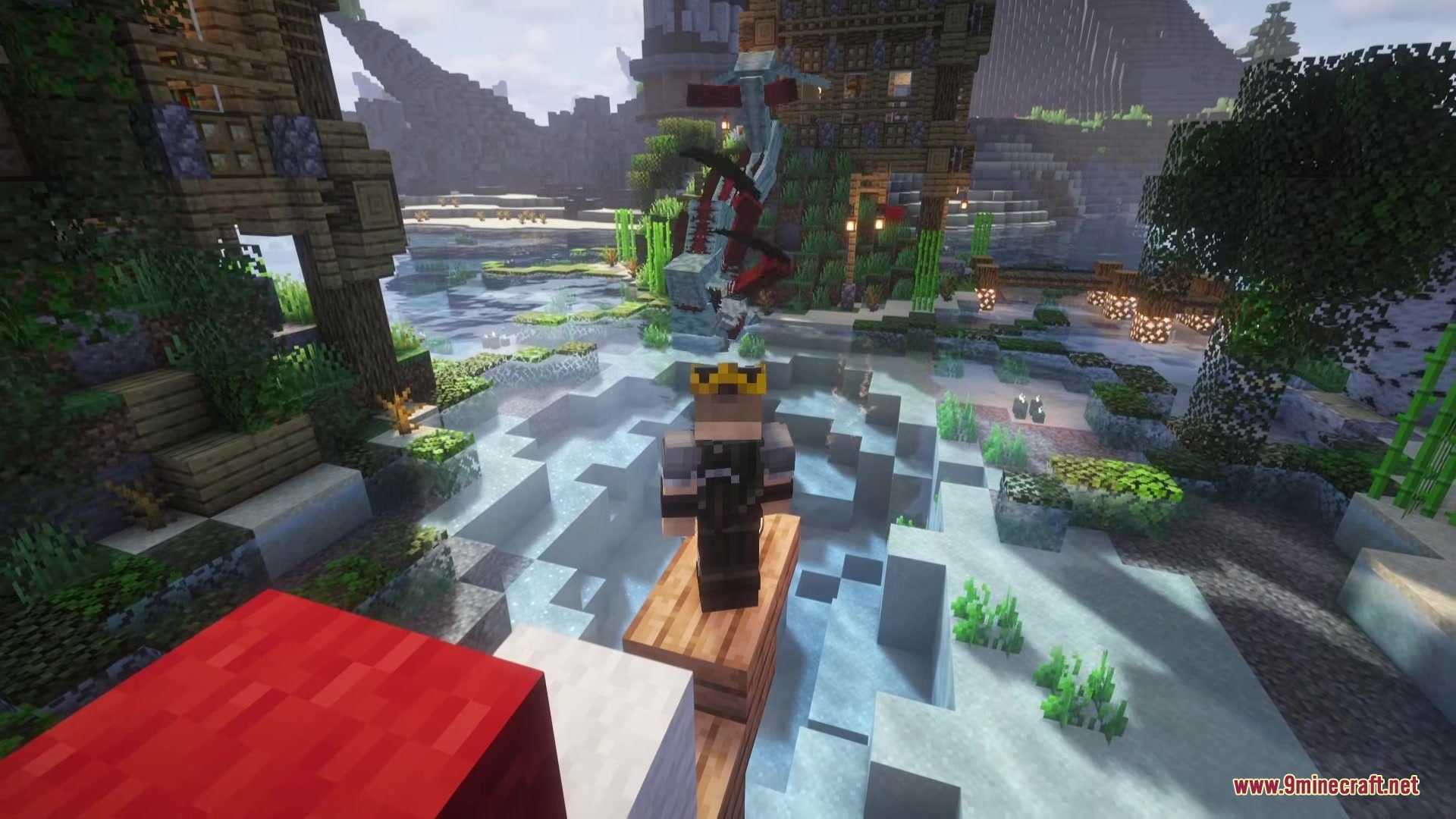 A crowned player stands on a boat near a giant sea monster