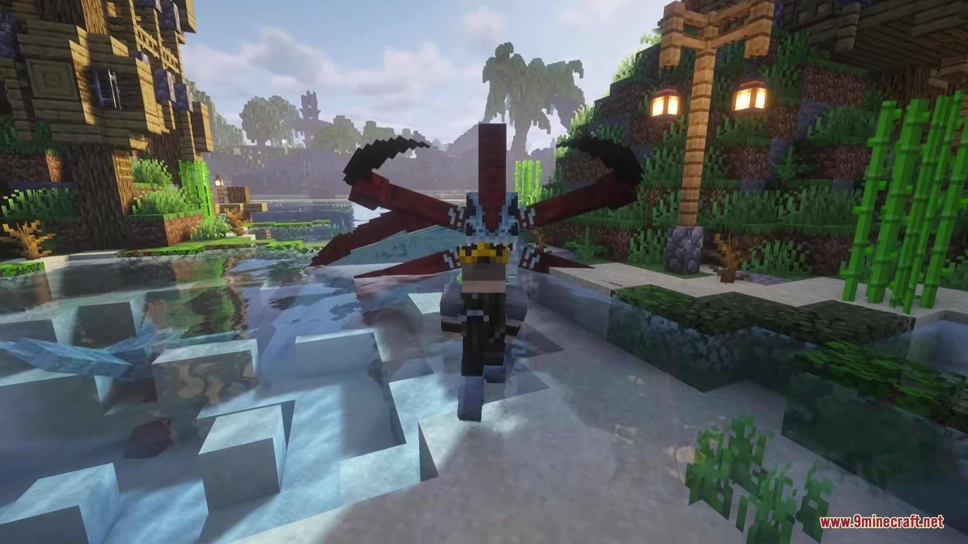 The Reaper Leviathan from Mofu Subnauticraft Mod swims in a Minecraft world
