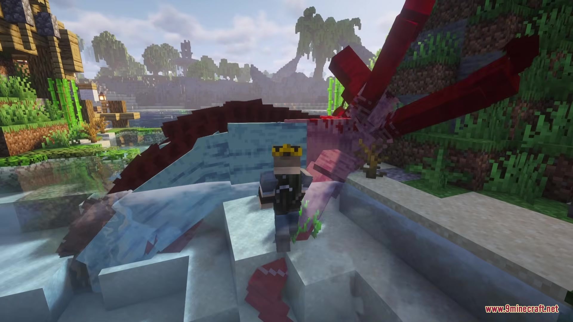A player standing next to a massive defeated Reaper Leviathan on land