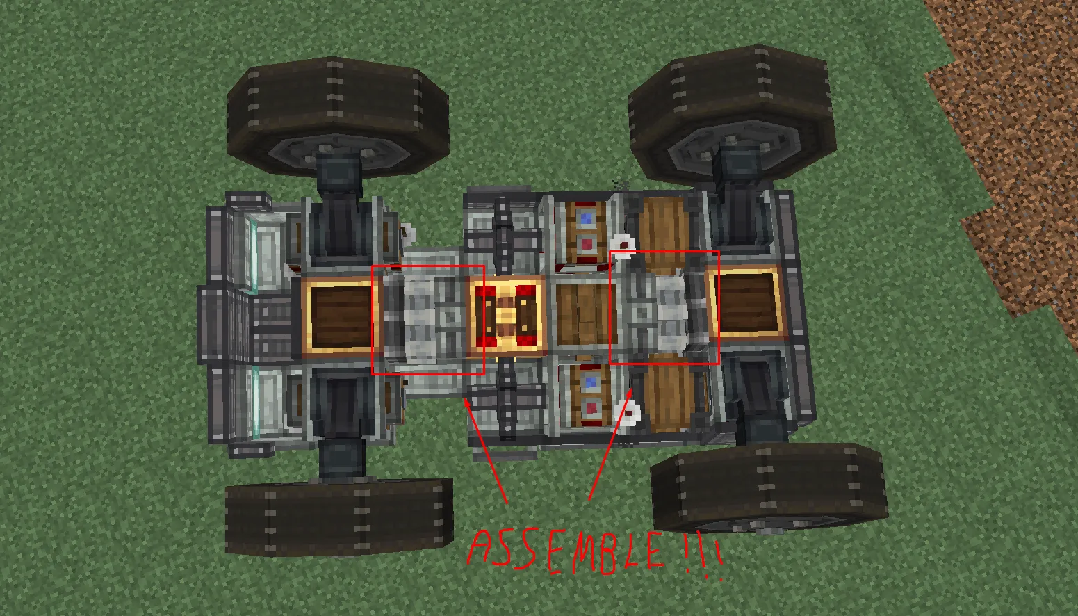 Monster Truck with Suspention Schematic Screenshots 4 A monster truck chassis with red boxes highlighting parts for assembly
