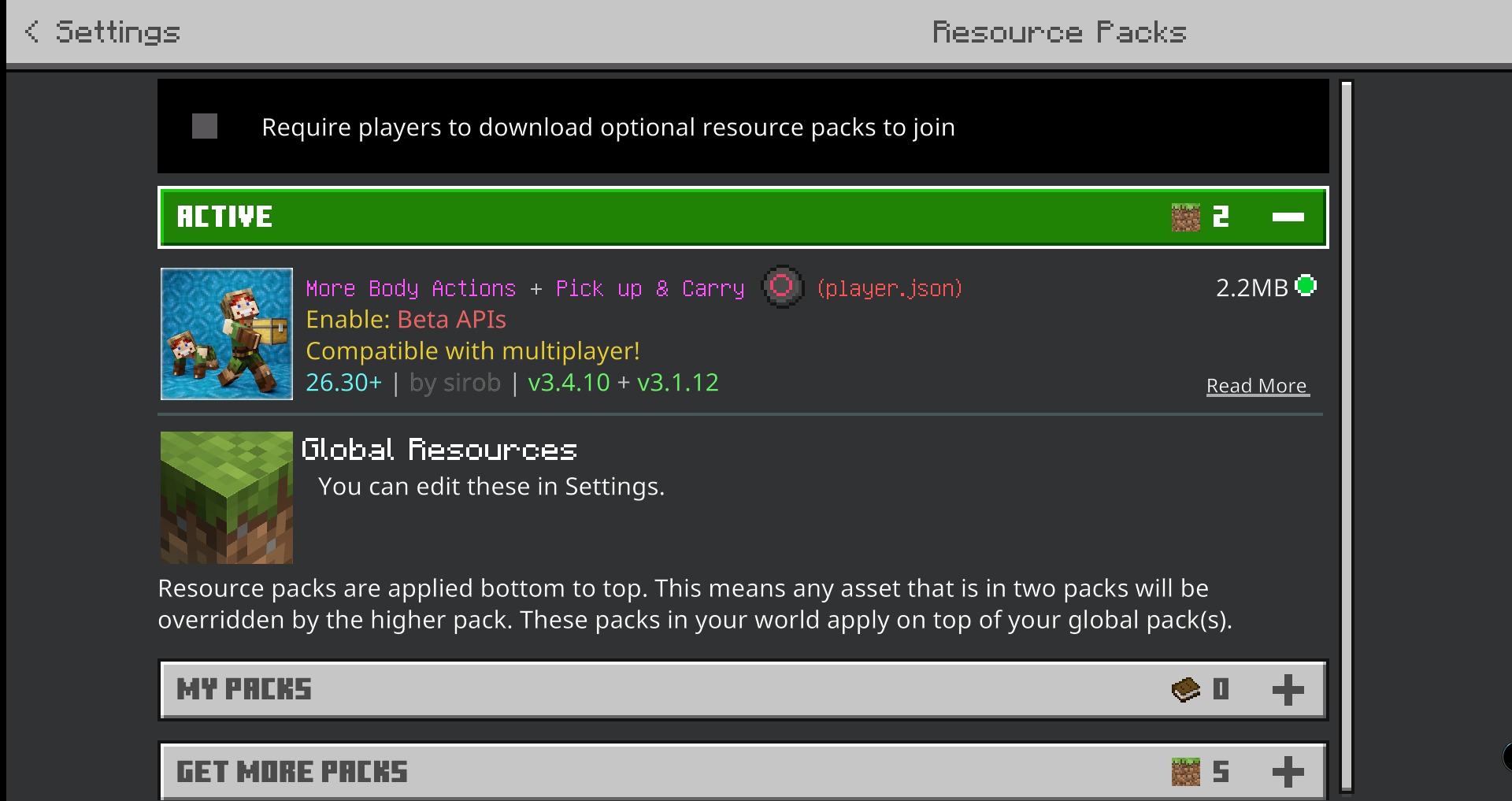 More Body Actions Pickup Carry Addon Screenshot 1 Minecraft settings screen showing the active more body actions and carry addon