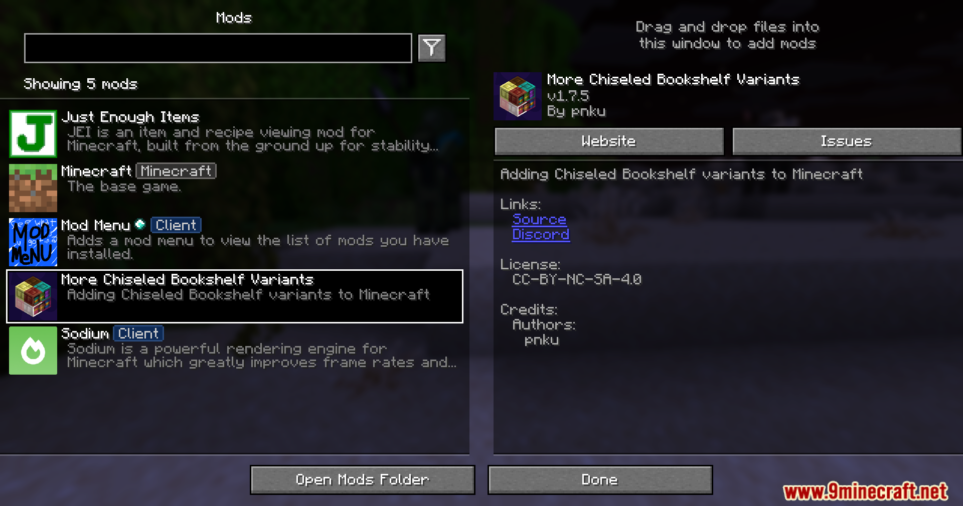 More Chiseled Bookshelf Variants Mod Screenshot 1 The Minecraft mod menu displaying details for More Chiseled Bookshelf Variants mod