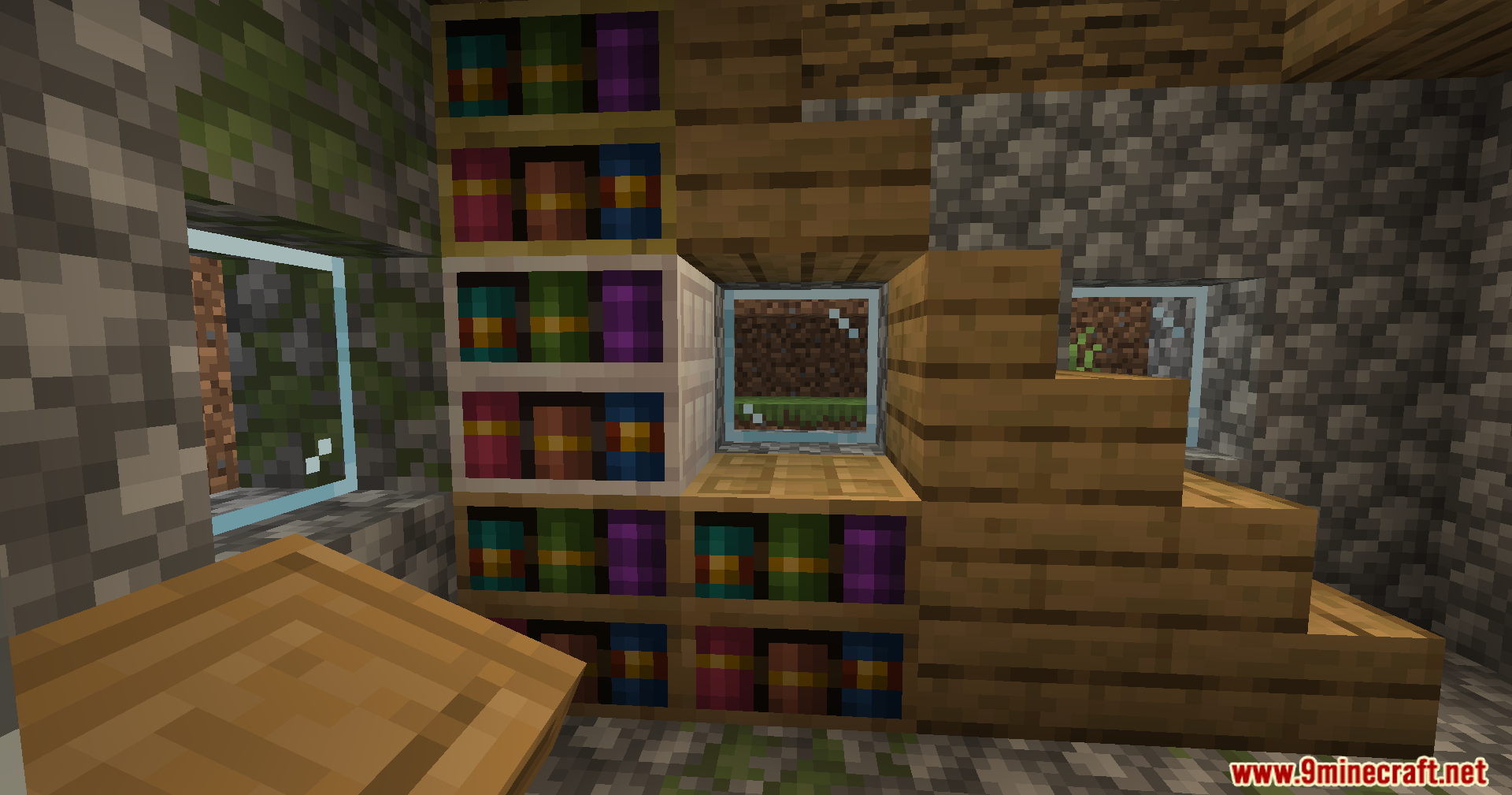 More Chiseled Bookshelf Variants Mod Screenshot 10 Birch and oak chiseled bookshelves stacked next to a wooden staircase