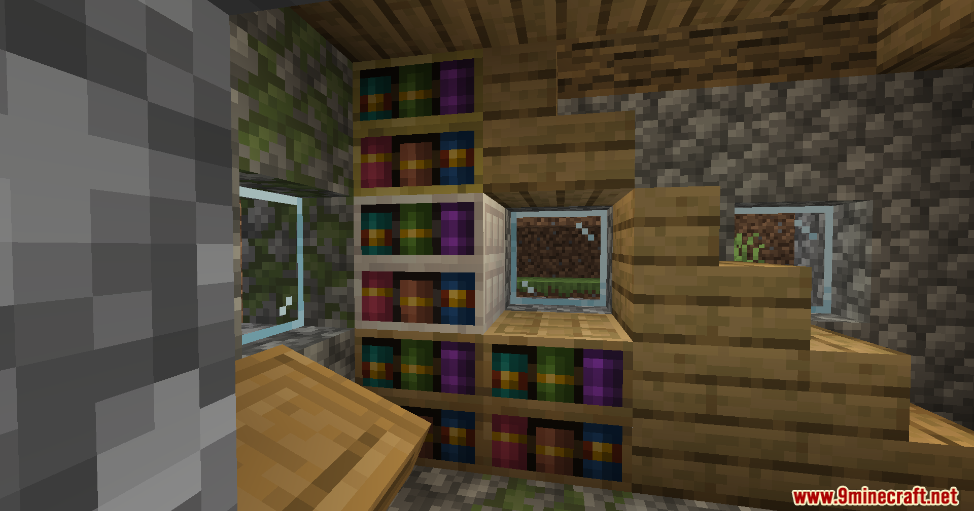 More Chiseled Bookshelf Variants Mod Screenshot 2 A cozy room featuring multiple wood variants of the chiseled bookshelf block