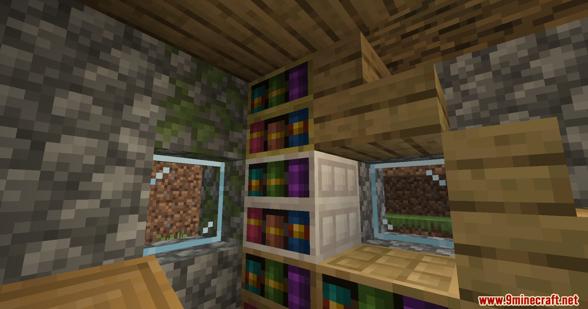 More Chiseled Bookshelf Variants Mod Screenshot 3 A chiseled bookshelf variant filled with books next to a glass window