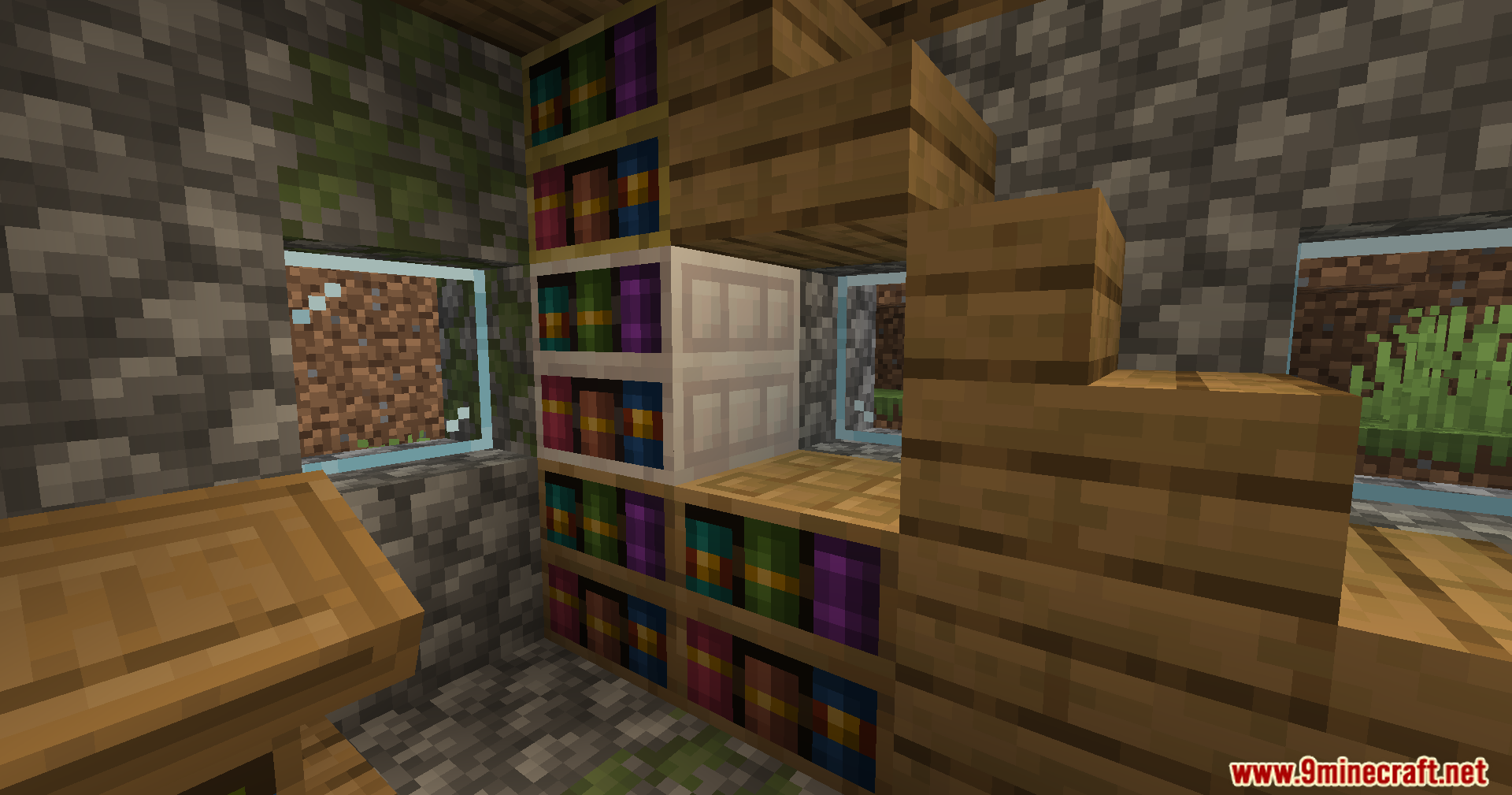 More Chiseled Bookshelf Variants Mod Screenshot 4 Various chiseled bookshelf wood types integrated into a cozy interior room design