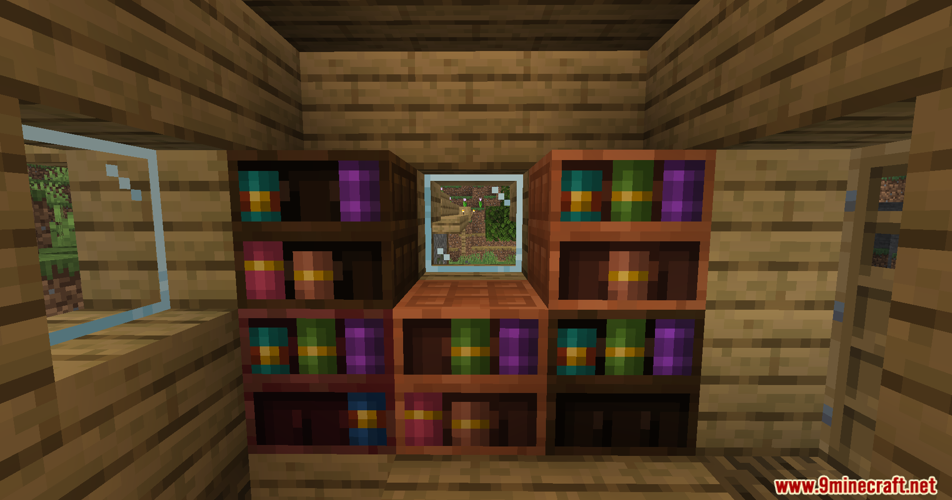 More Chiseled Bookshelf Variants Mod Screenshot 6 Various chiseled bookshelf wood variants placed together in a small wooden room