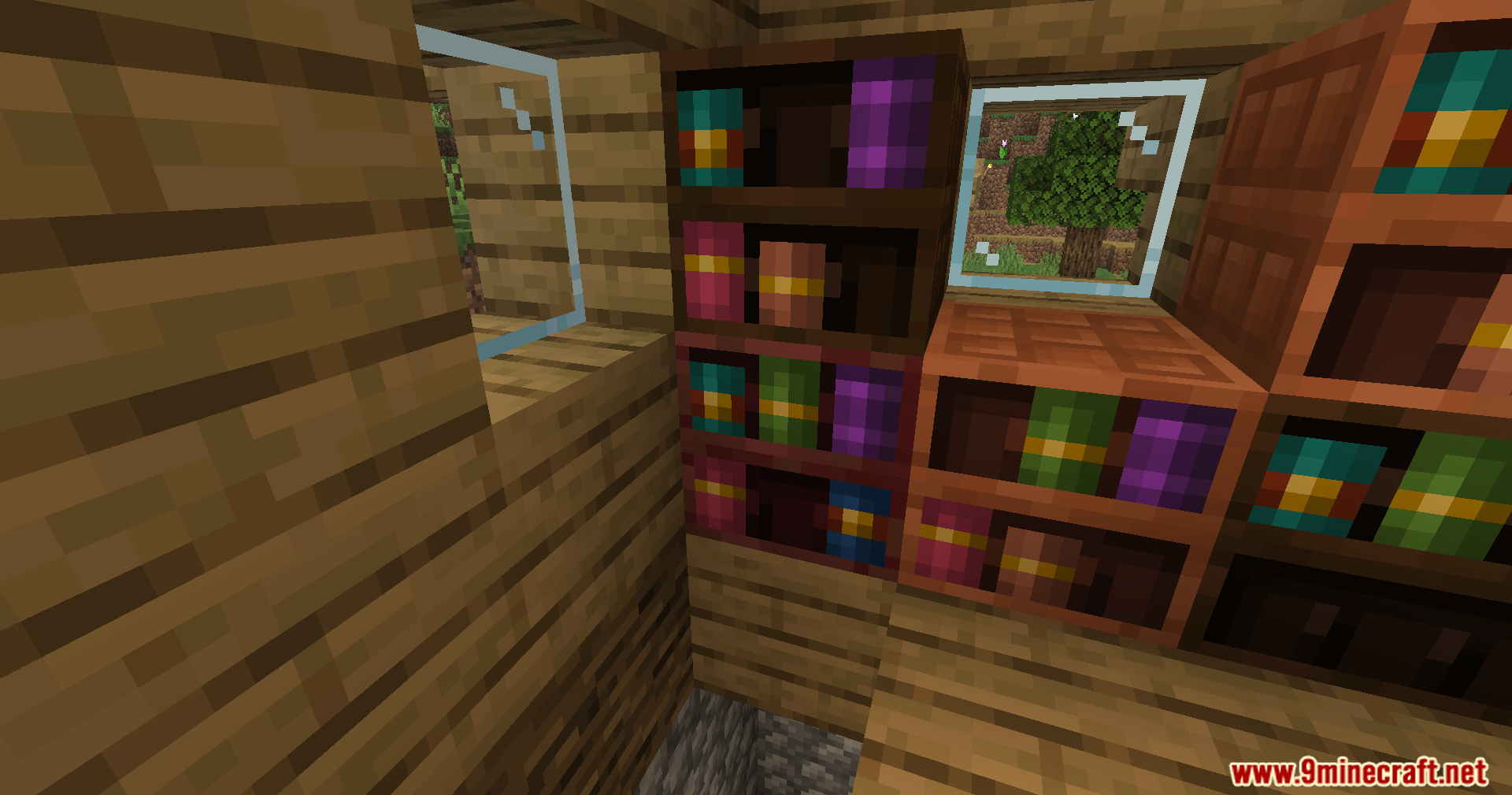 More Chiseled Bookshelf Variants Mod Screenshot 7 Close up view of different colored wooden chiseled bookshelves inside a house