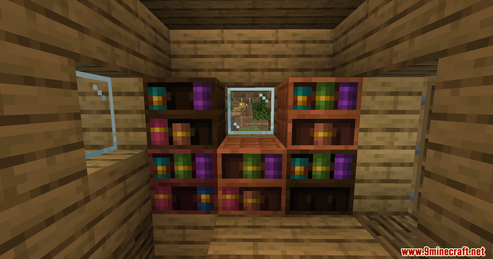 More Chiseled Bookshelf Variants Mod Screenshot 8 A collection of chiseled bookshelves made from various wood types against a wall
