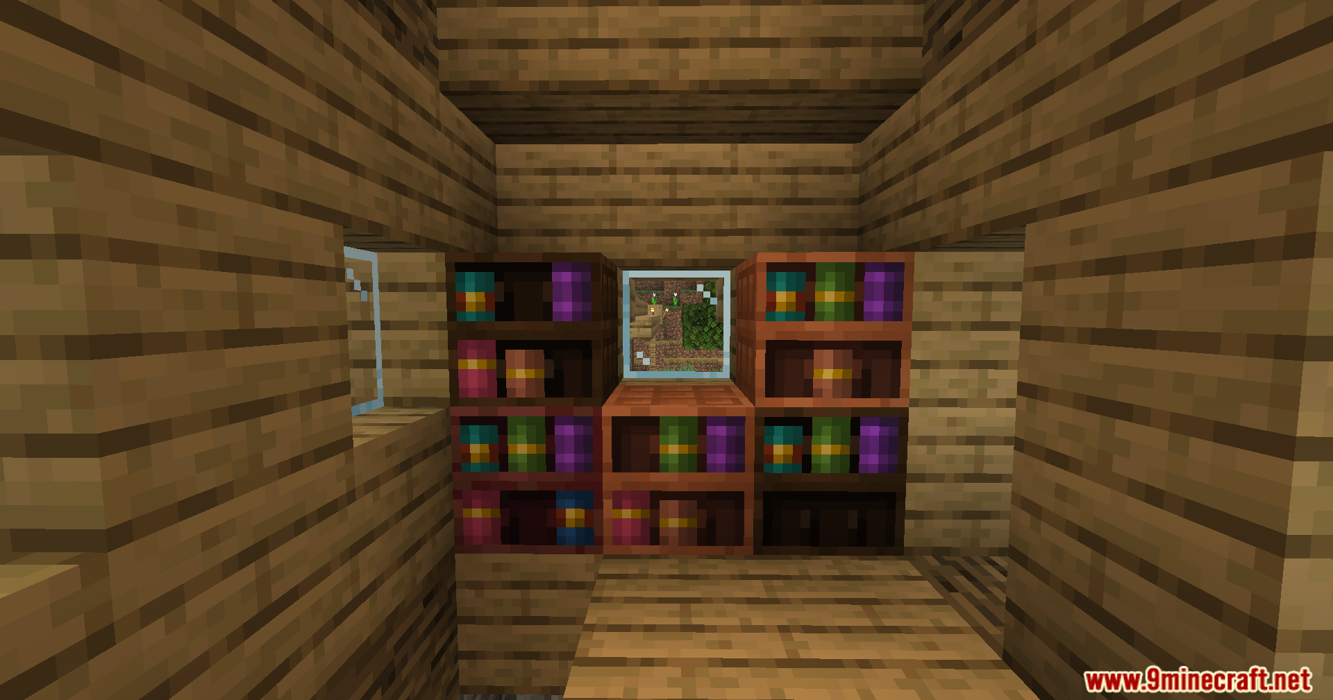 More Chiseled Bookshelf Variants Mod Screenshot 9 Dark oak and acacia chiseled bookshelves surrounding a small glass window