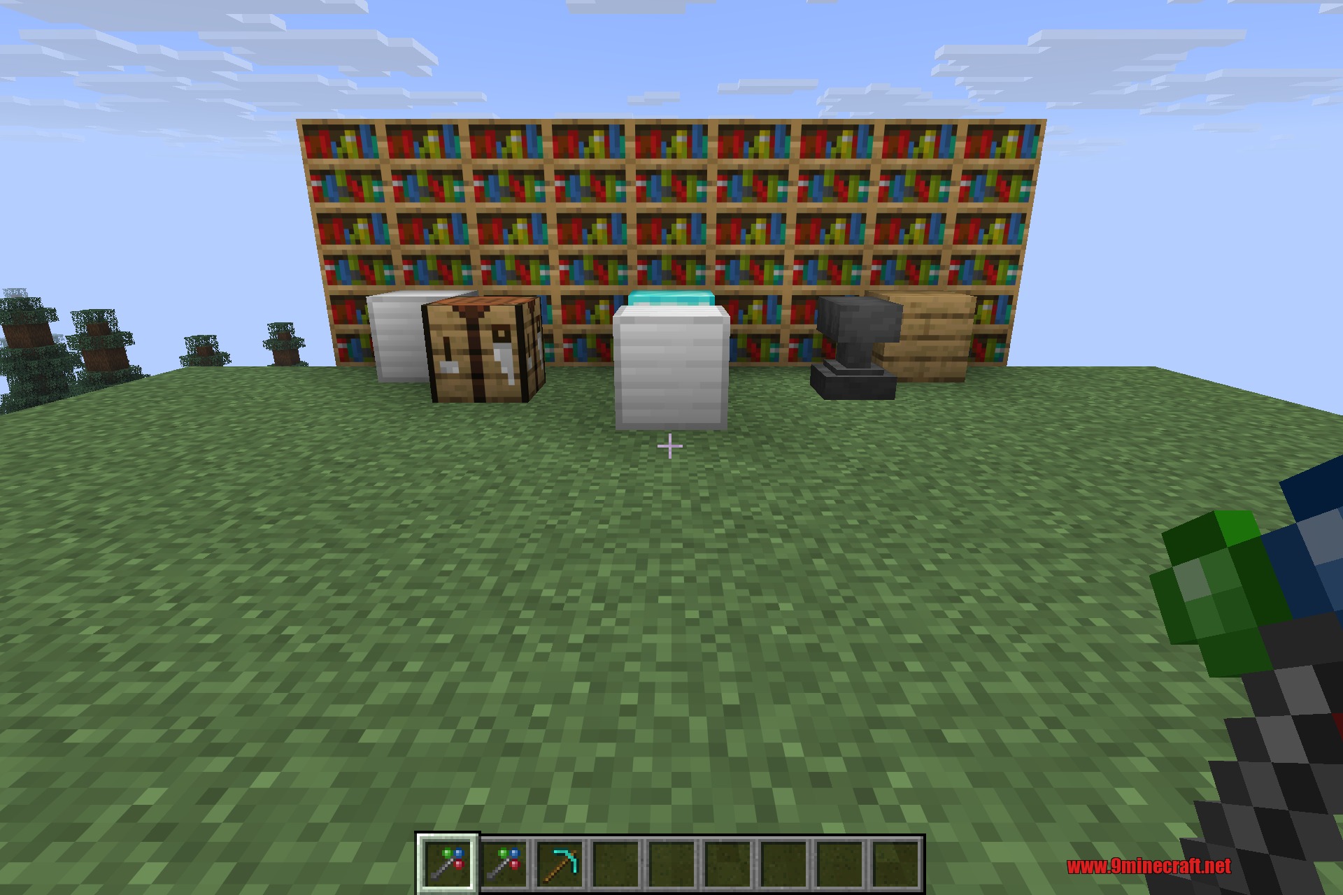 Morph-o-Tool 9minecraft Mod Screenshot 4 A row of utility blocks placed in front of a bookshelf wall