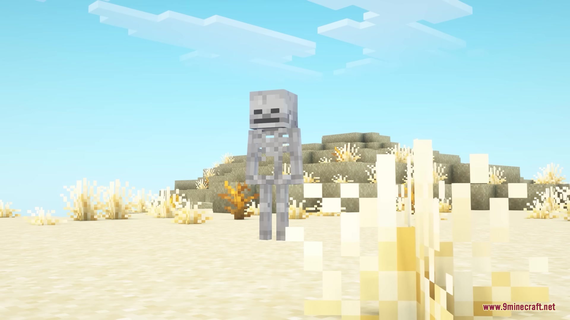 Morphling Mod Screenshot 1 A player transformed into a skeleton standing in a sunny desert biome