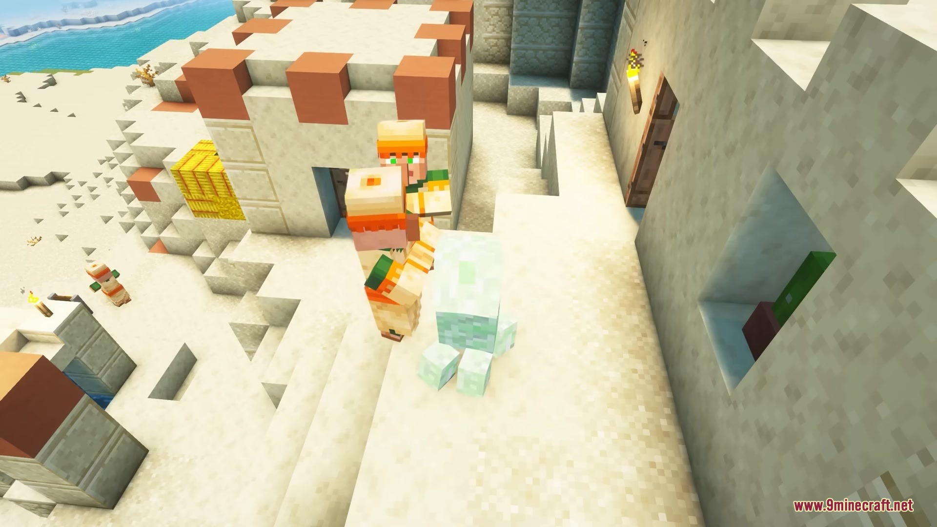 Morphling Mod Screenshot 3 Two desert villagers standing near a small green and white mob