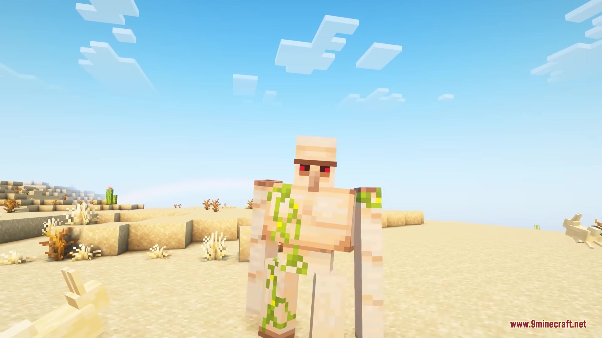 Morphling Mod Screenshot 4 An Iron Golem with red eyes standing in a wide desert landscape