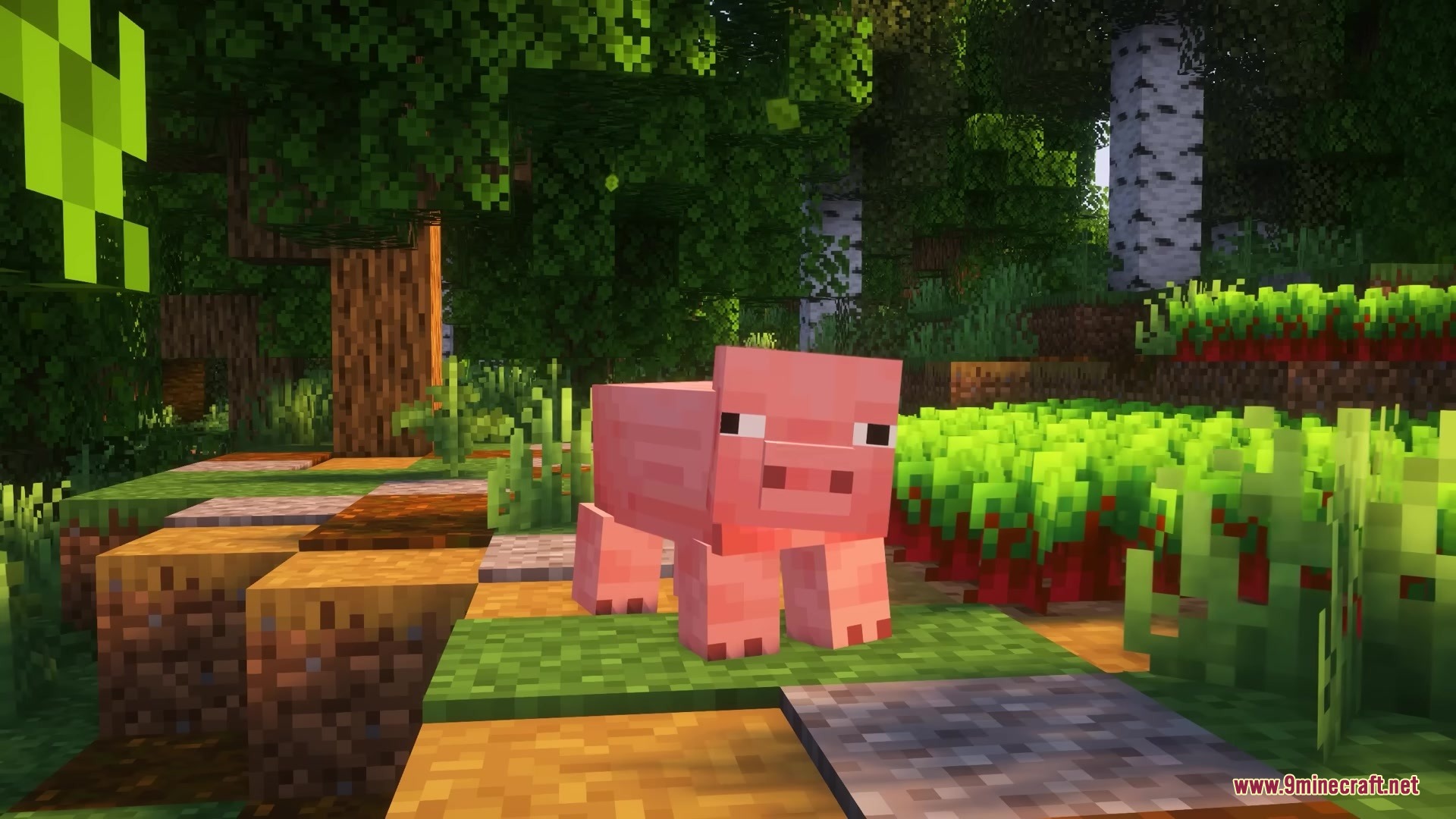 Morphling Mod Screenshot 5 A pink Minecraft pig stands on a colorful block path in a forest