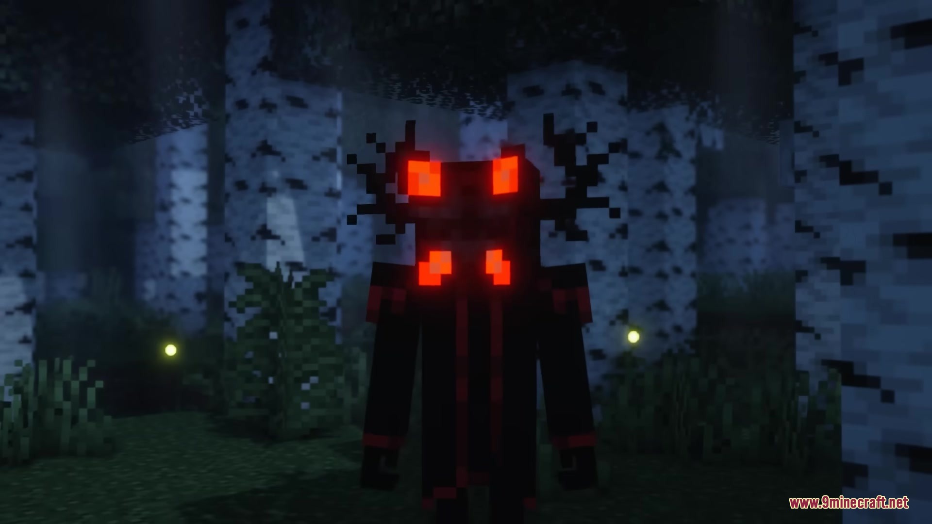 Morphling Mod Screenshot 7 A dark creature with glowing red eyes stands in a birch forest at night