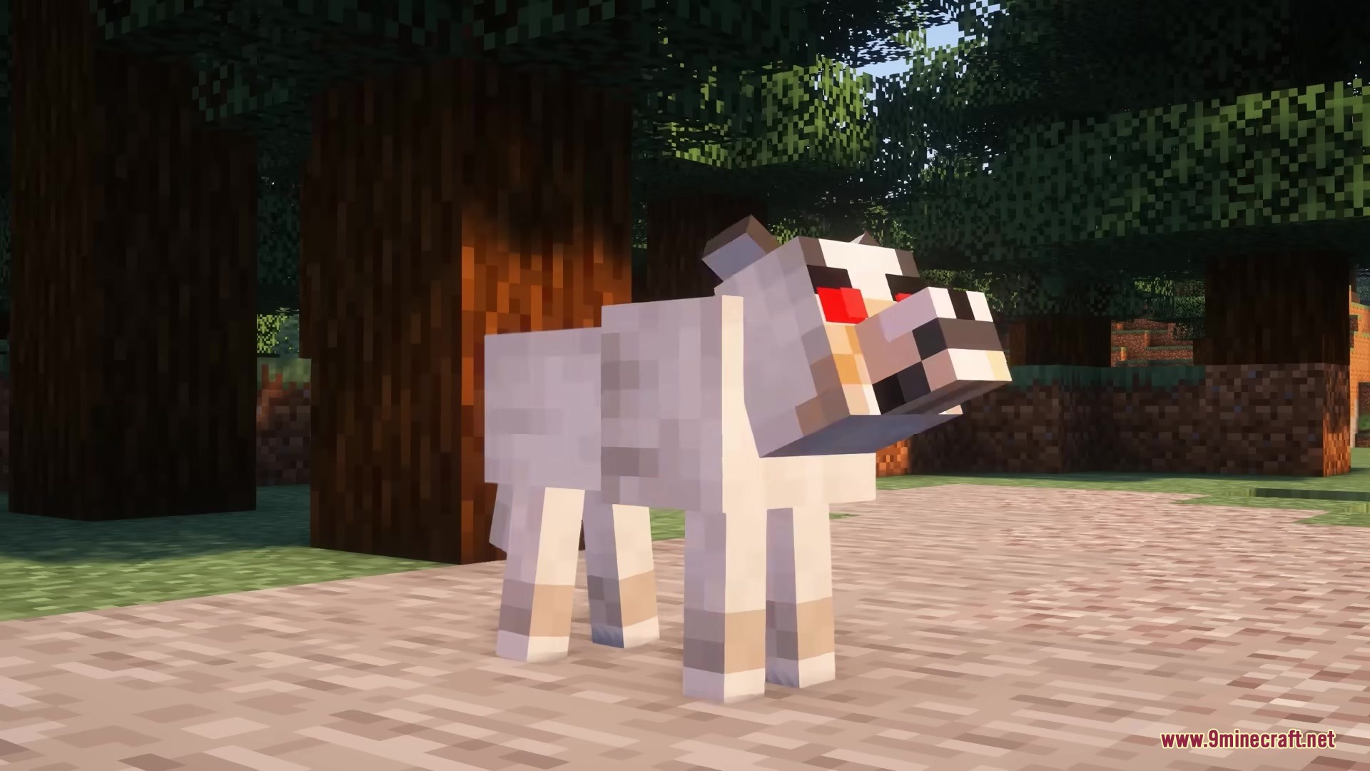 Morphling Mod Screenshot 8 A white wolf with glowing red eyes stands in a sunny forest clearing