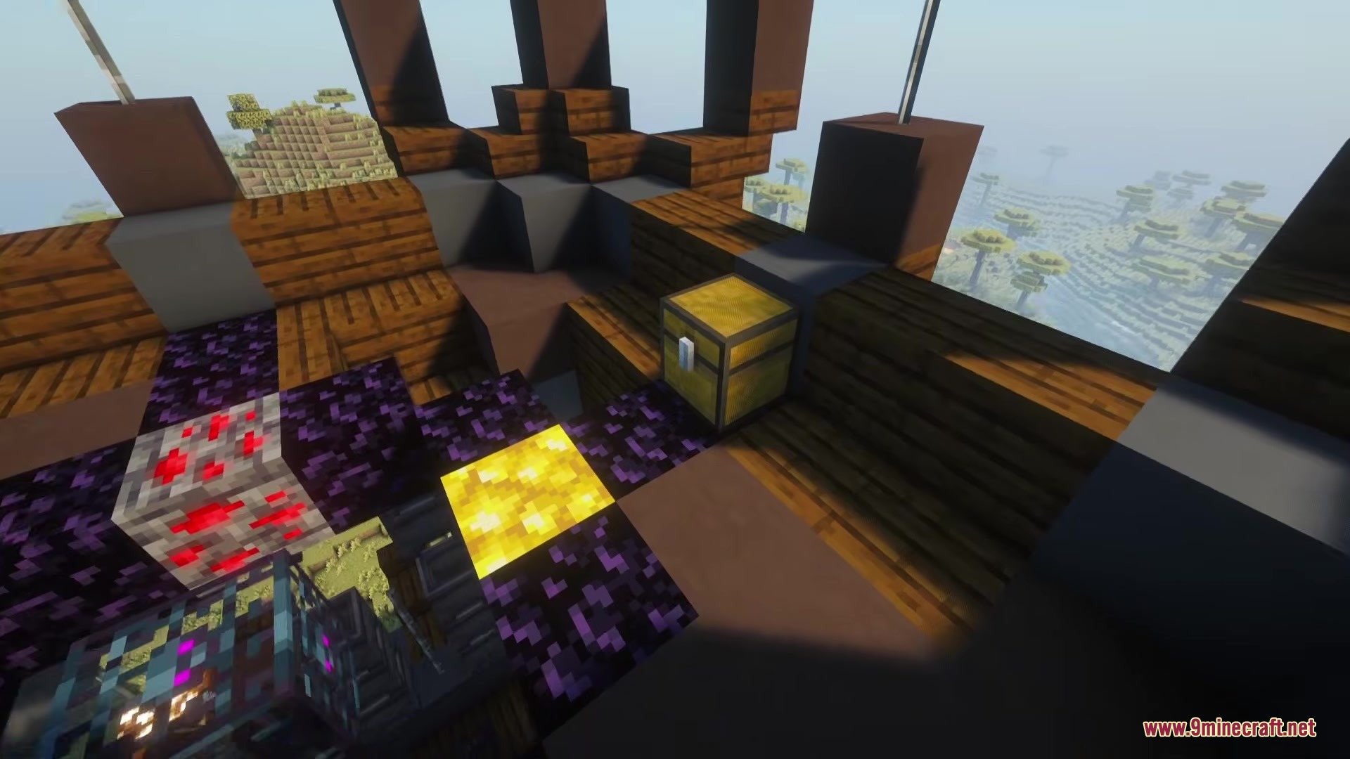 A loot chest sits inside a tower dungeon surrounded by obsidian and ore
